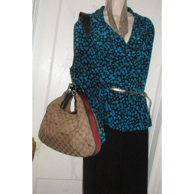 Gucci, brown large logo fabric/leather, large size, Tom Ford era 'Attache' hobo style bag with red/green stripe, G latch top & chrome hardware!