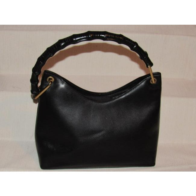 Gucci Shopper Tote With V Shaped Top Bamboo Handle Black Leather Hobo Bag