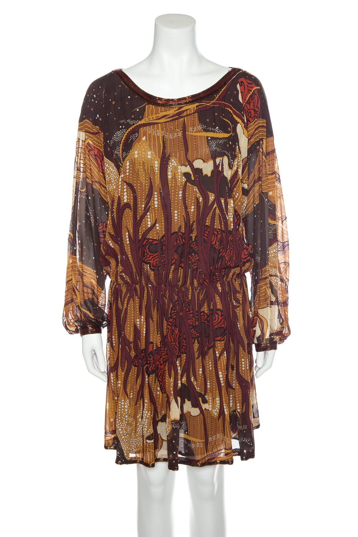 Gucci 2015 Brown Printed and Beaded Long Sleeve Dress SZ 40
