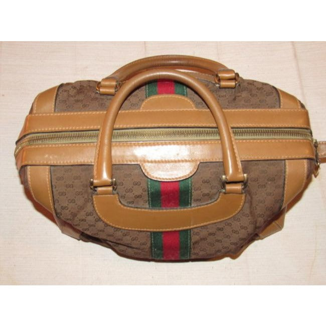 Gucci Vintage Dark Brown Small G Logo Print Fabric And Camel Leather With Red