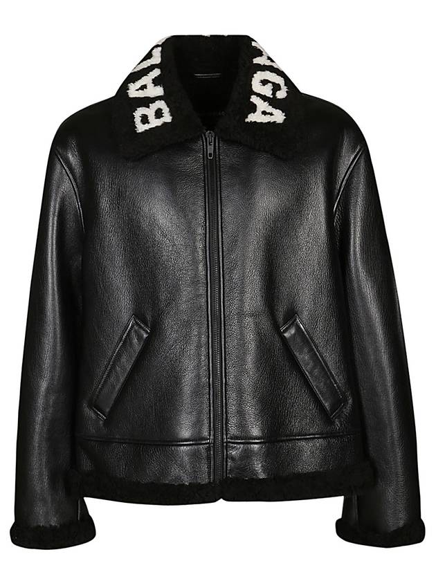 Luxury Balenciaga Trending 2026 Logo Shearling Collar Leather Jacket Black