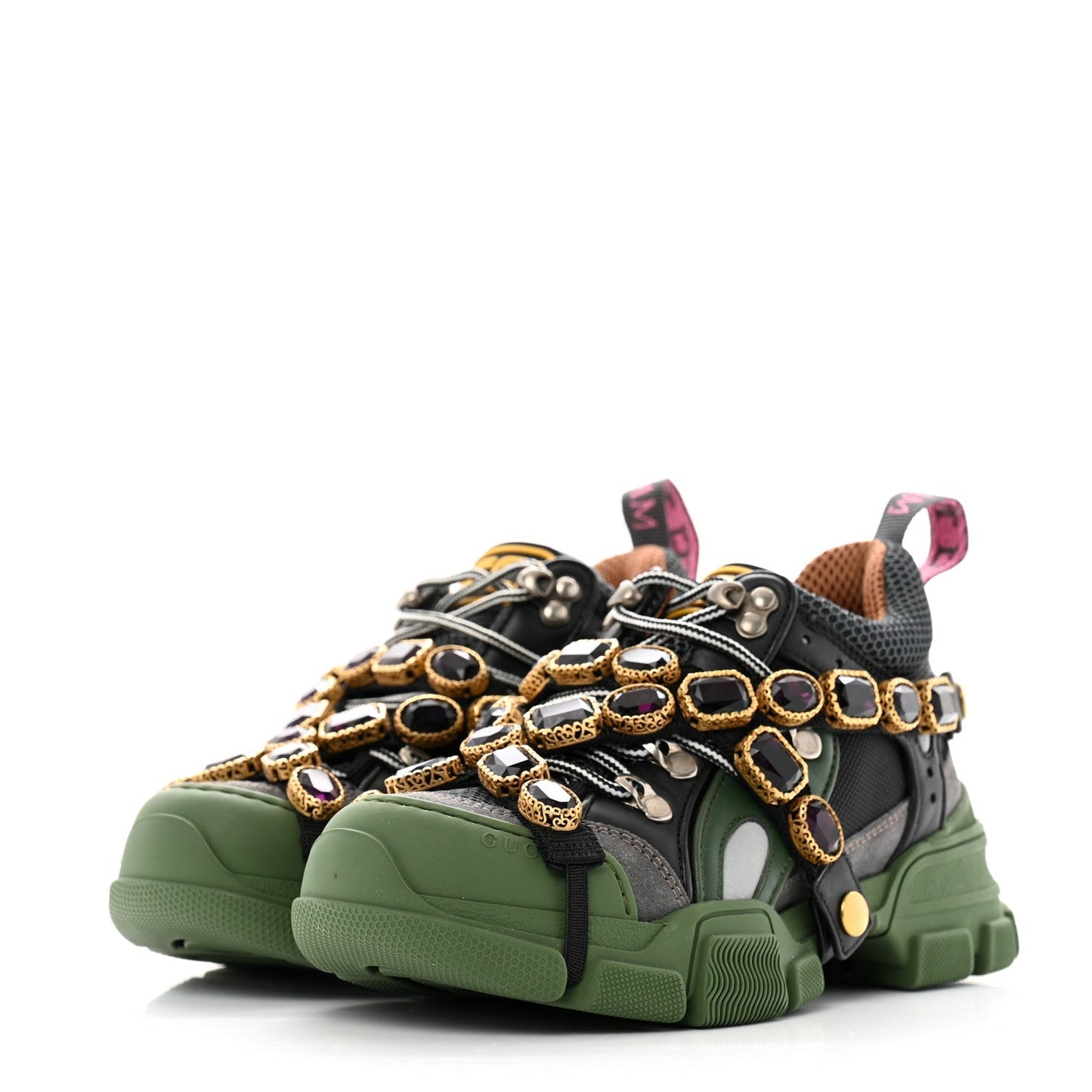 Gucci X SEGA Mesh Suede Calfskin Removable Crystals Flashtrek Sneakers 35.5 Loess Black Olive Green