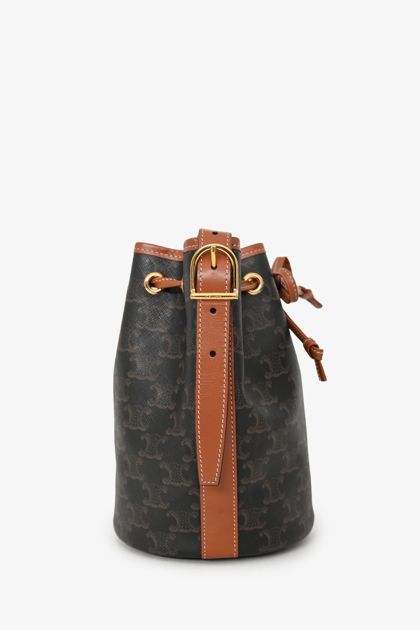 Celine Brown Triomphe Monogram Canvas Small Drawstring Bucket Bag