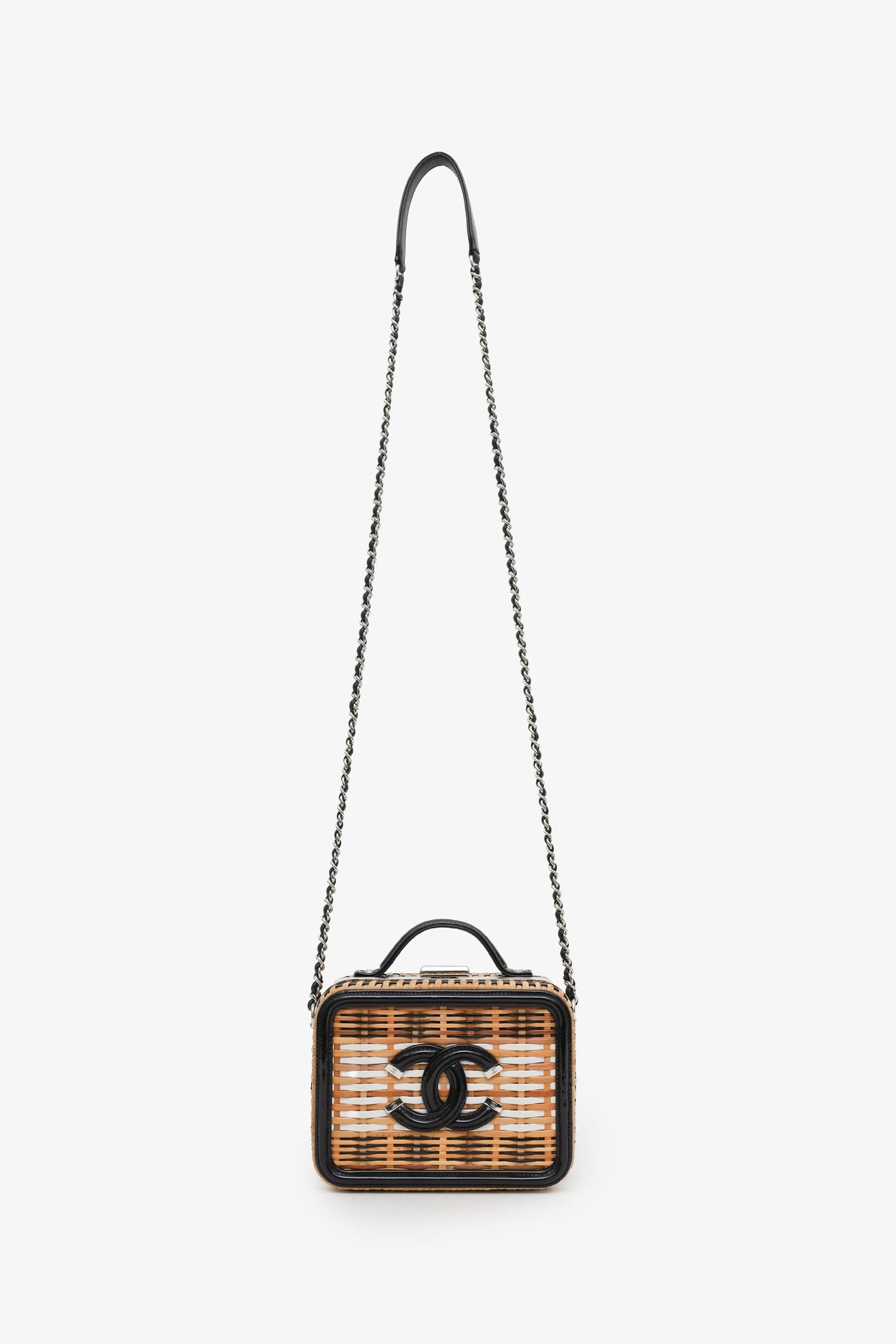Chanel™ 2019 Black/Beige Raffia Patent Small CC Filigree Vanity Case