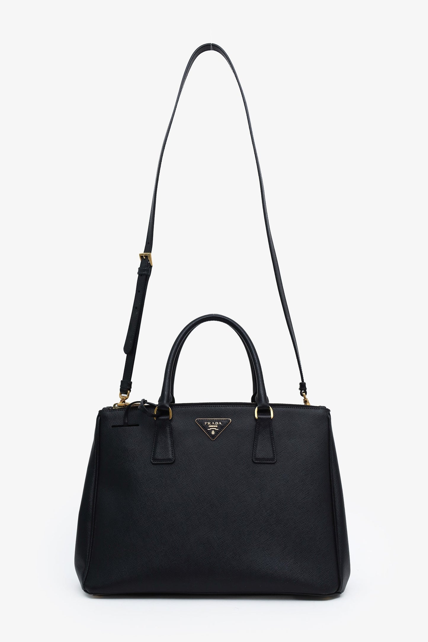 Prada Black Saffiano Leather Medium Double Zip Galleria Tote With Strap