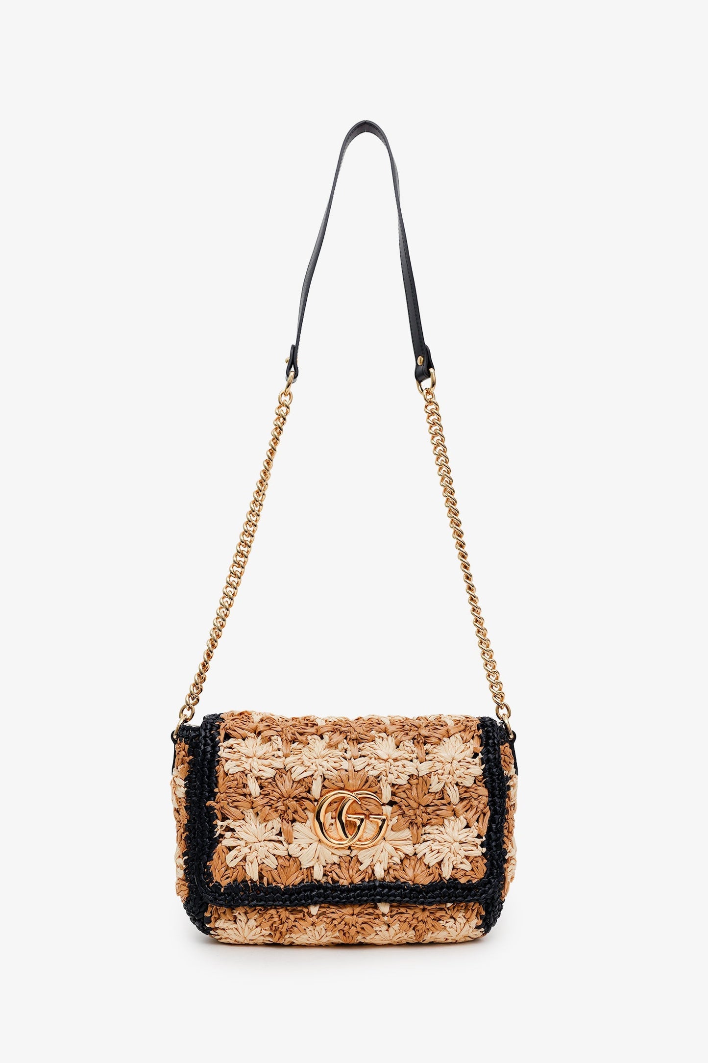 Gucci Brown/Black Woven Floral Raffia GG Marmont Small Shoulder Bag
