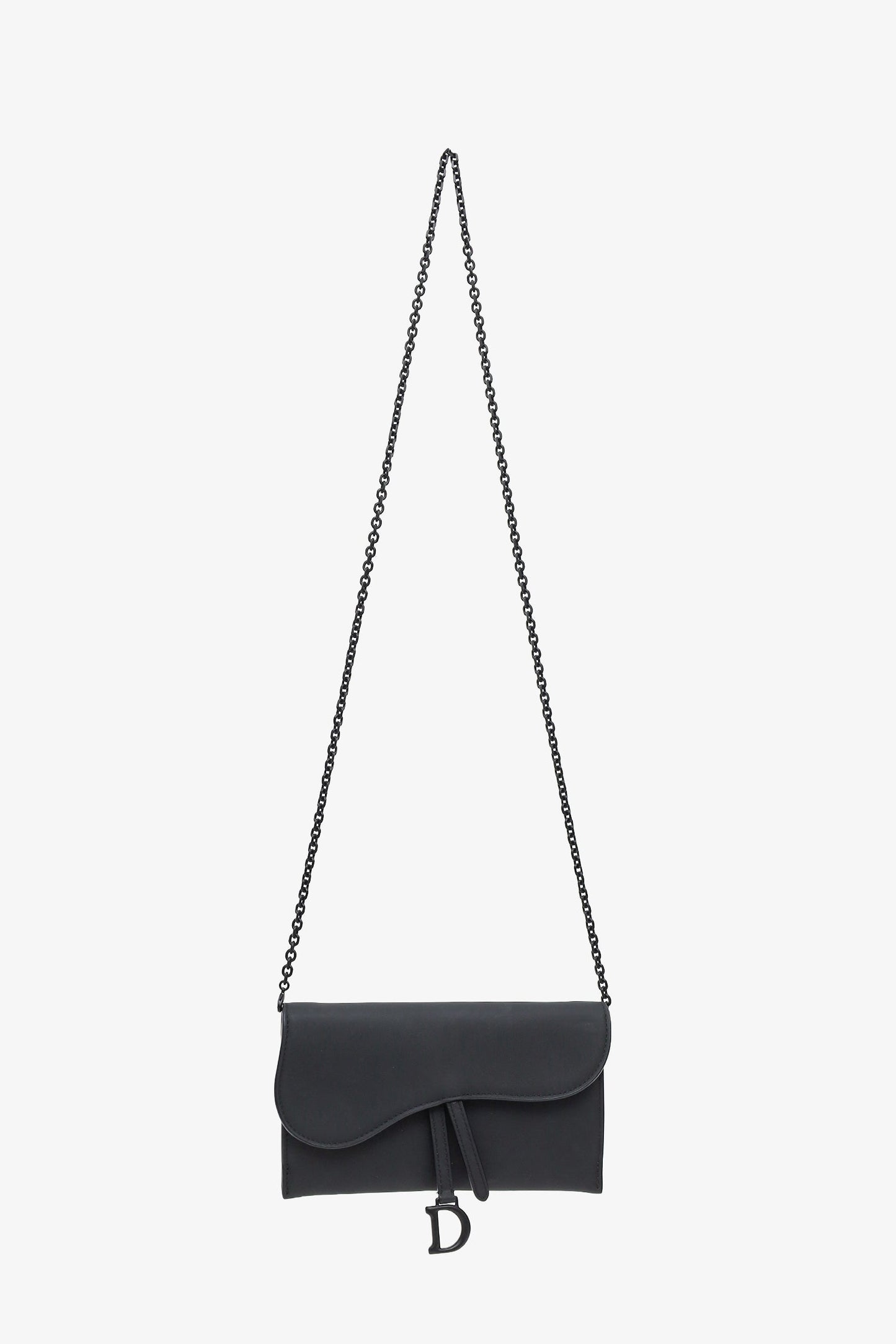Christian Dior Black Leather Saddle Wallet On Chain Matte Hardware With Pouch