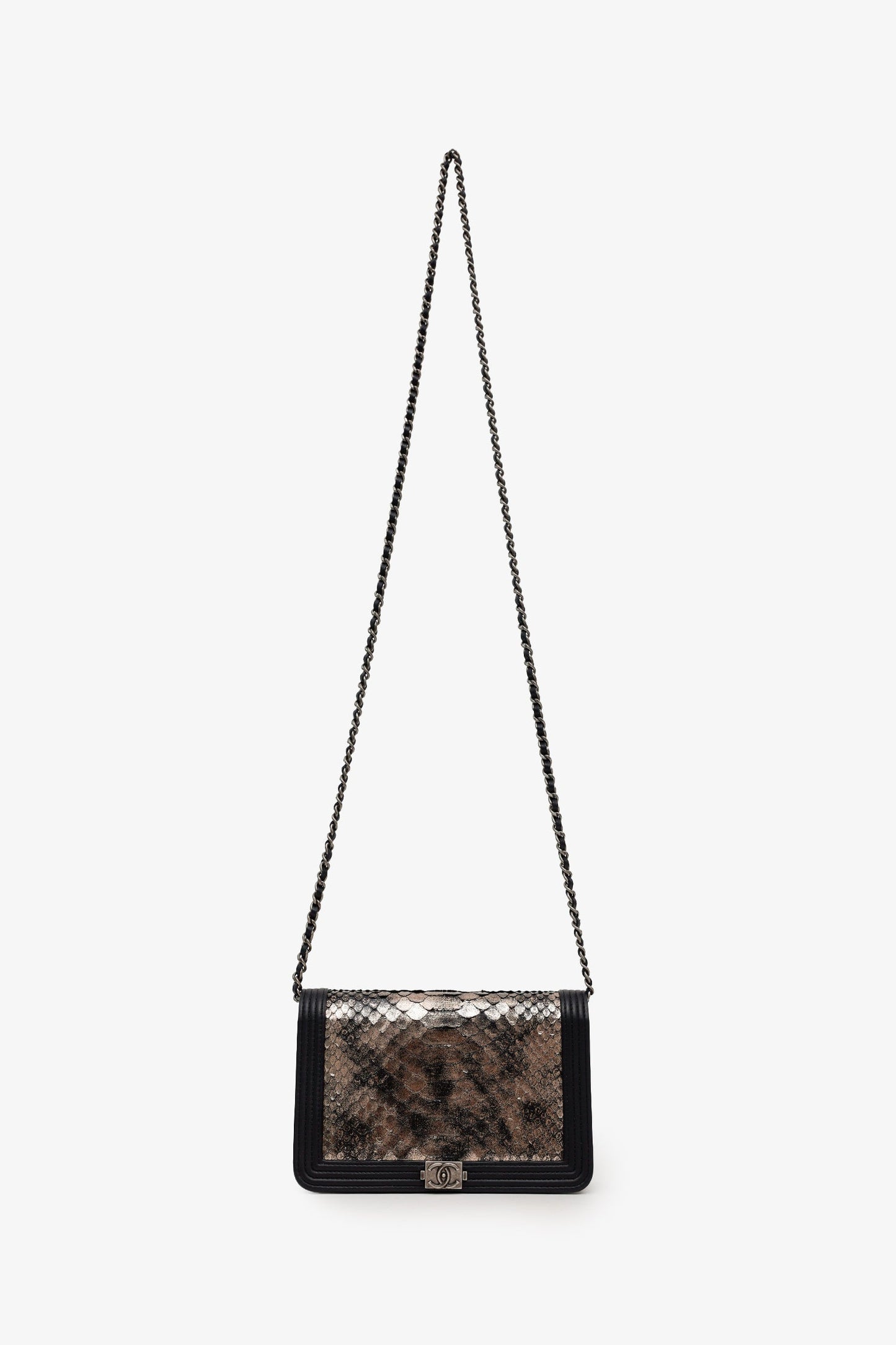Chanel™ 2018-19 Black/Brown Python Leather Boy Wallet On Chain