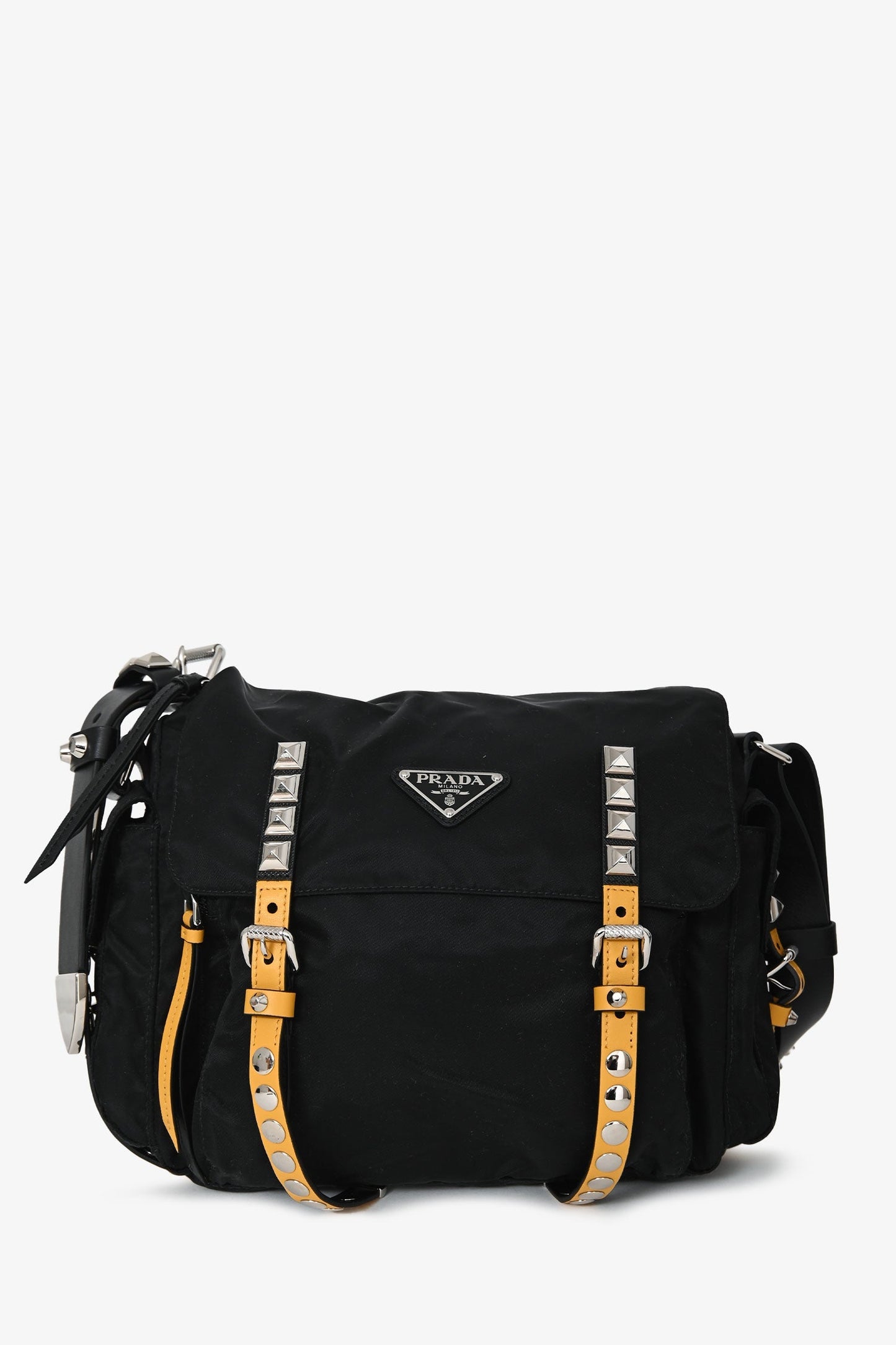 Prada Black Nylon Yellow Leather Studded Messenger Bag