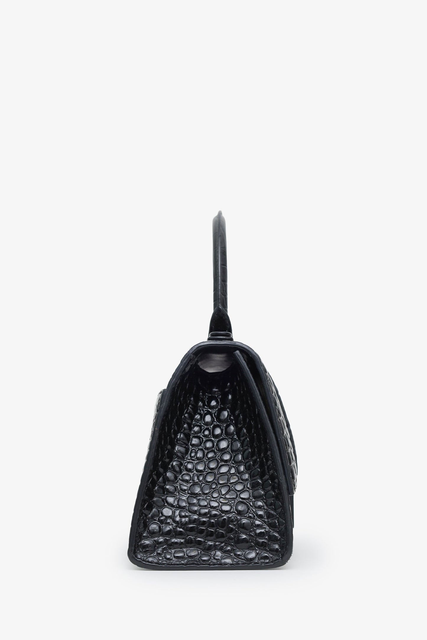 Balenciaga Black Croc Embossed Small Hourglass Top Handle Bag With Strap