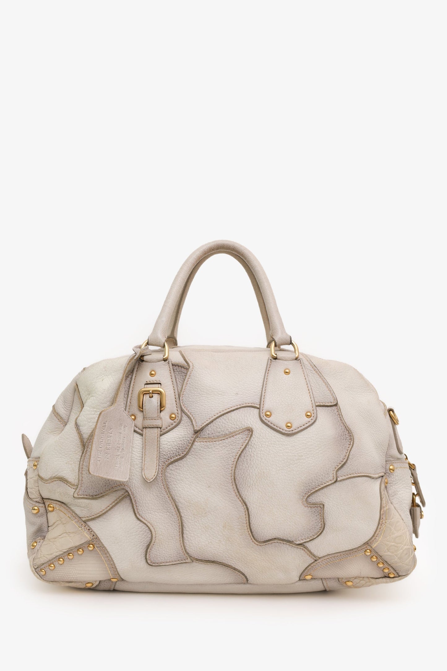 Prada White Ombre Deerskin Leather Croc and Lizard Patchwork Bowler Bag