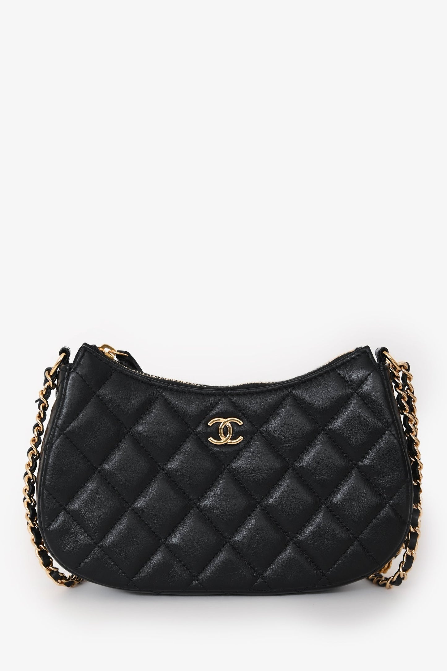 Chanel™ Black Quilted Lambskin Mini Hobo Shoulder Bag with Heart Chain GHW