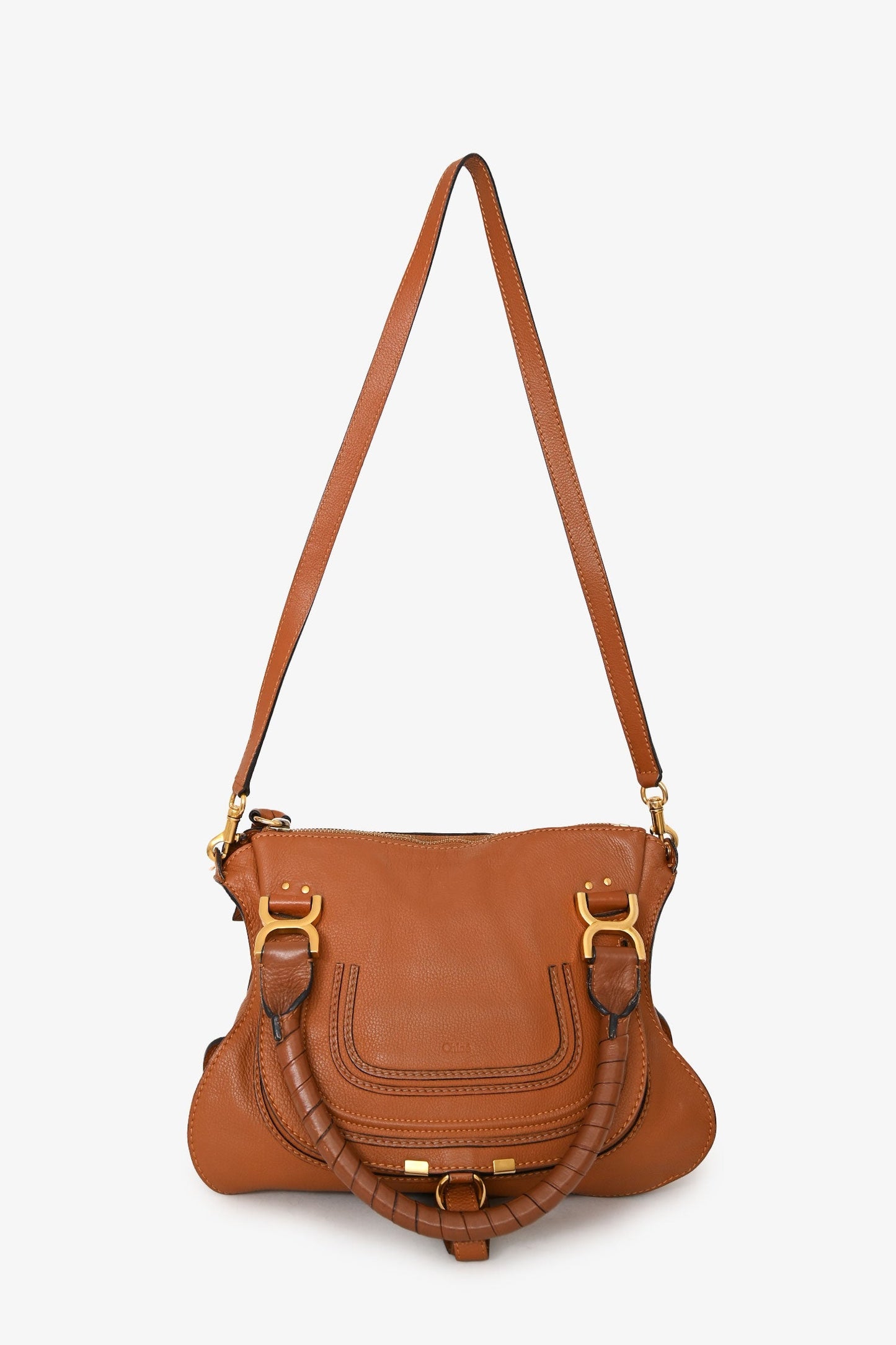 Chloe Brown Leather Medium Marcie Shoulder Bag with Strap