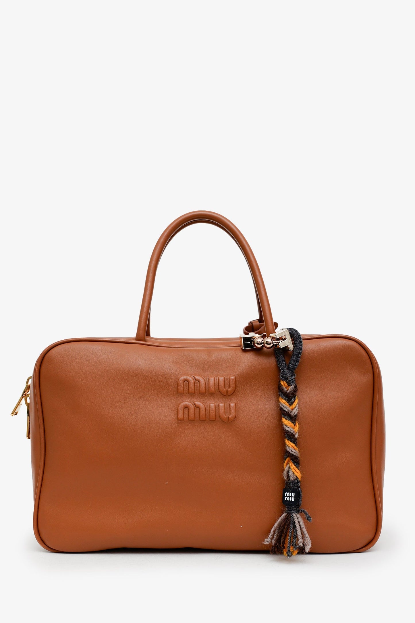 Miu Miu Brown Leather Beau Medium Top Handle Bag with Charm