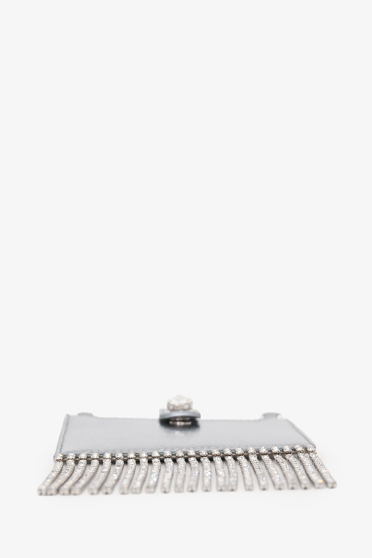 Miu Miu Silver Metallic Leather Crystal Embellished Fringe Card Hold with Chain