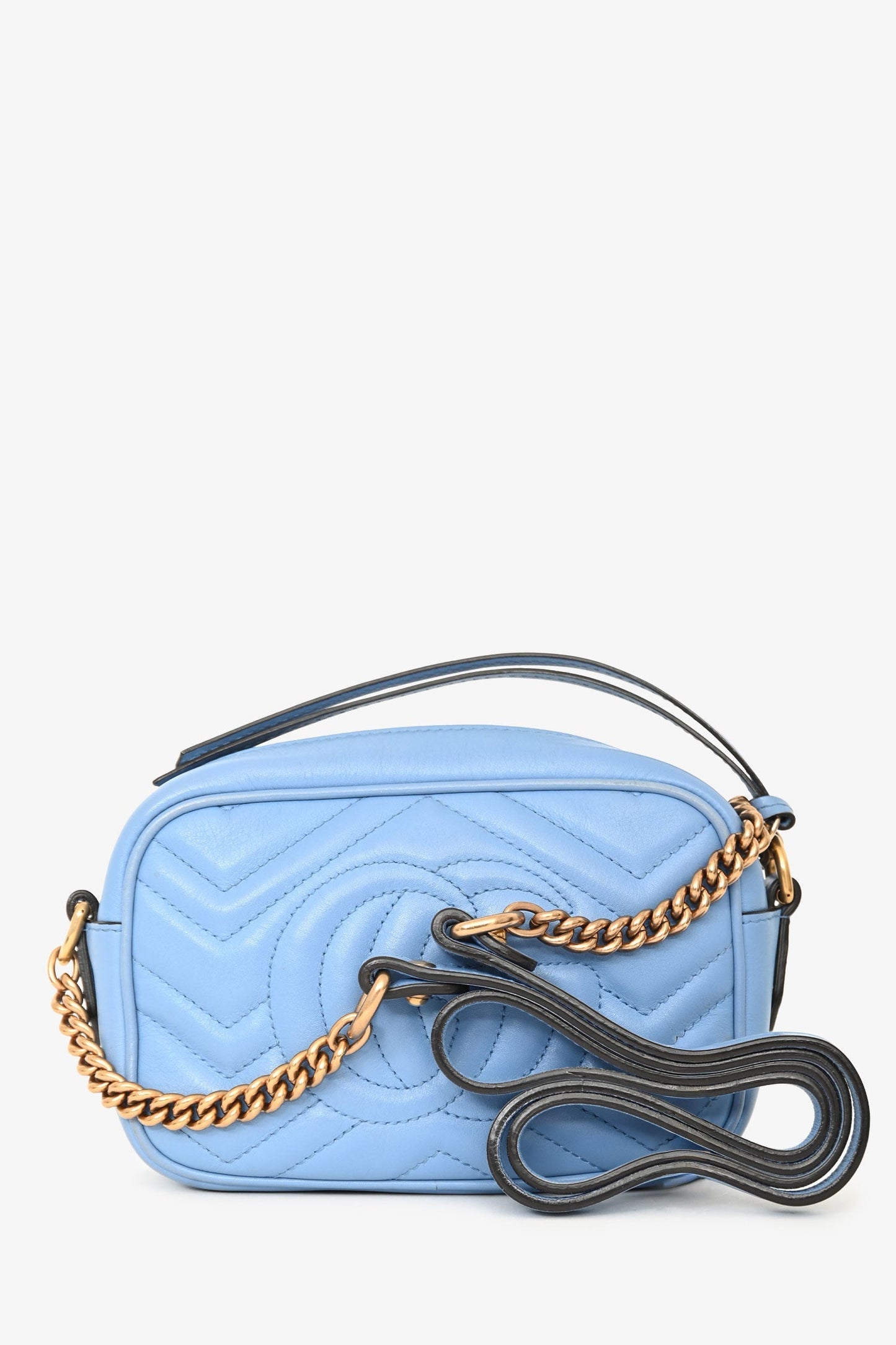 Gucci Light Blue Leather Chevron Quilted Mini GG Marmont Crossbody Bag