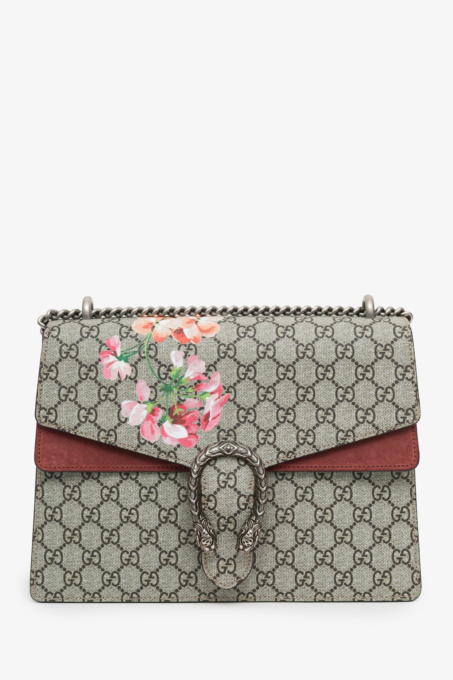 Gucci GG Supreme Blooms Canvas and Burgundy Suede Dionysus Medium Shoulder Bag