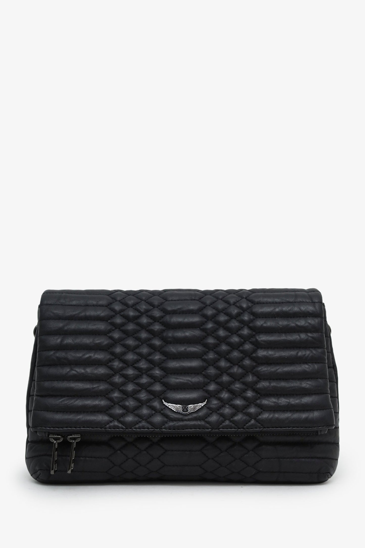 Zadig & Voltaire Black Quilted Leather Rocky Mat Clutch with Chain