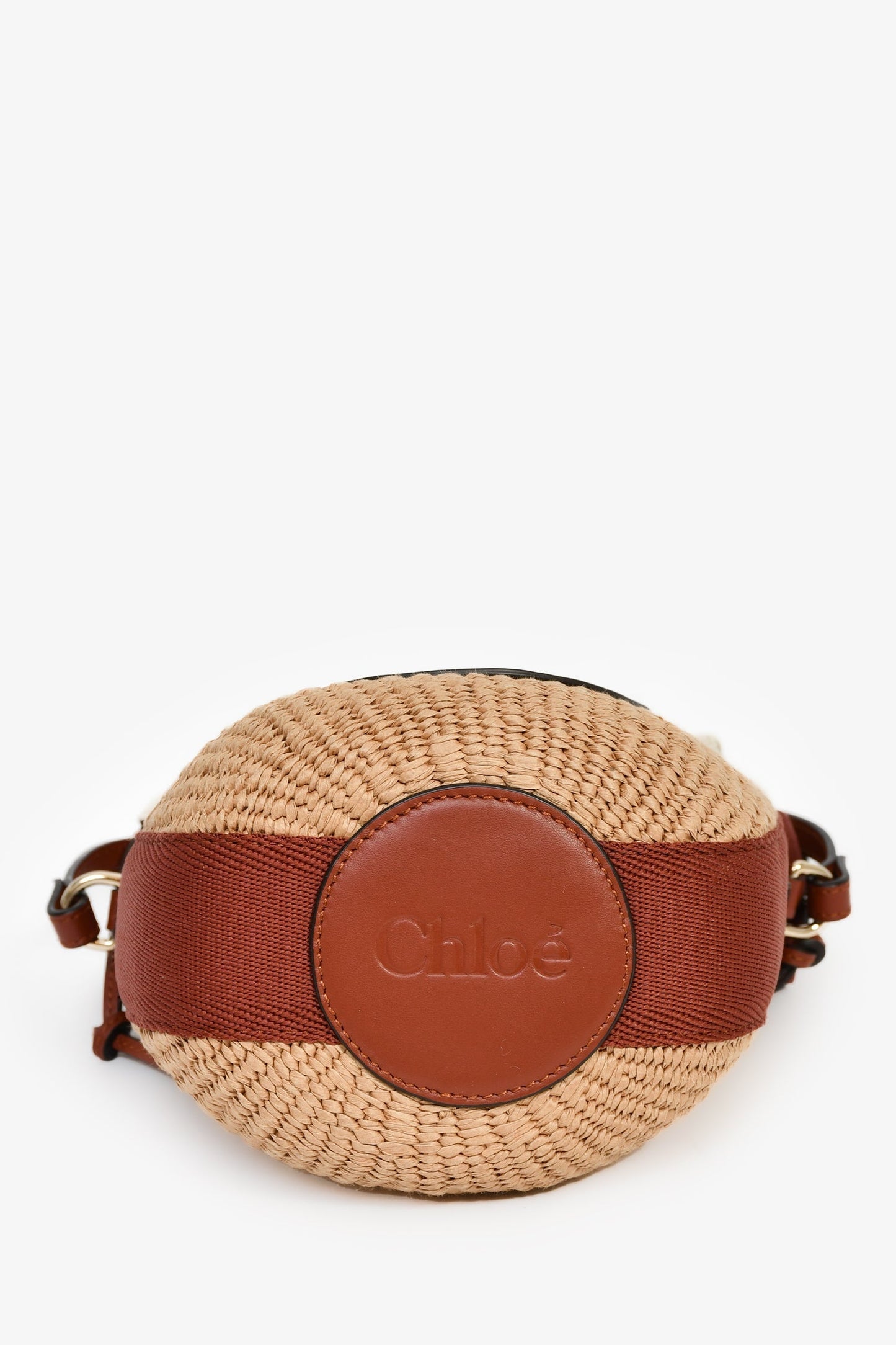 Chloe Brown Straw Leather Horse Medal Crossbody Bucket Bag