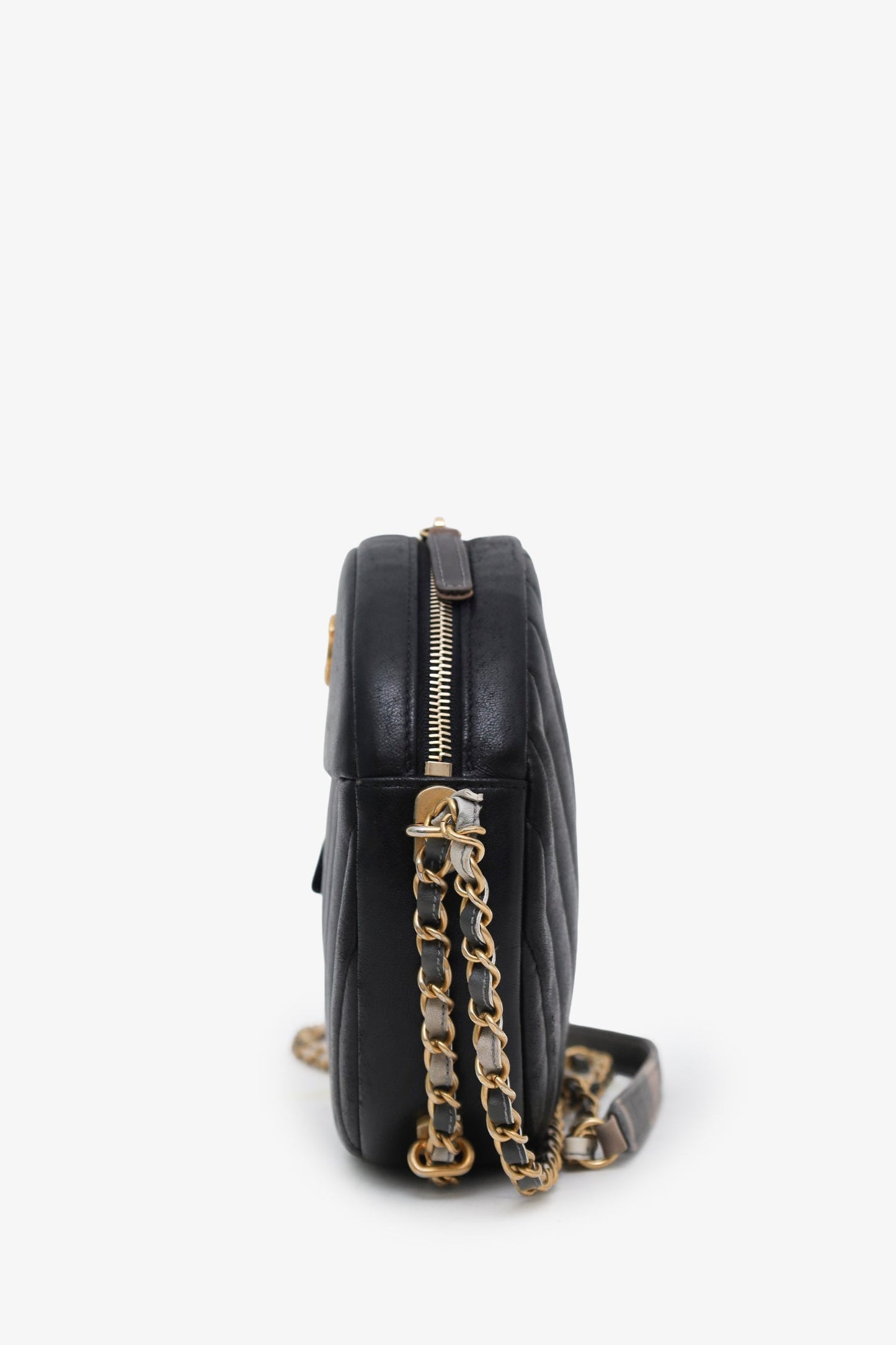 Chanel™ 2018 Black Chevron Leather Round As Earth Crossbody Bag