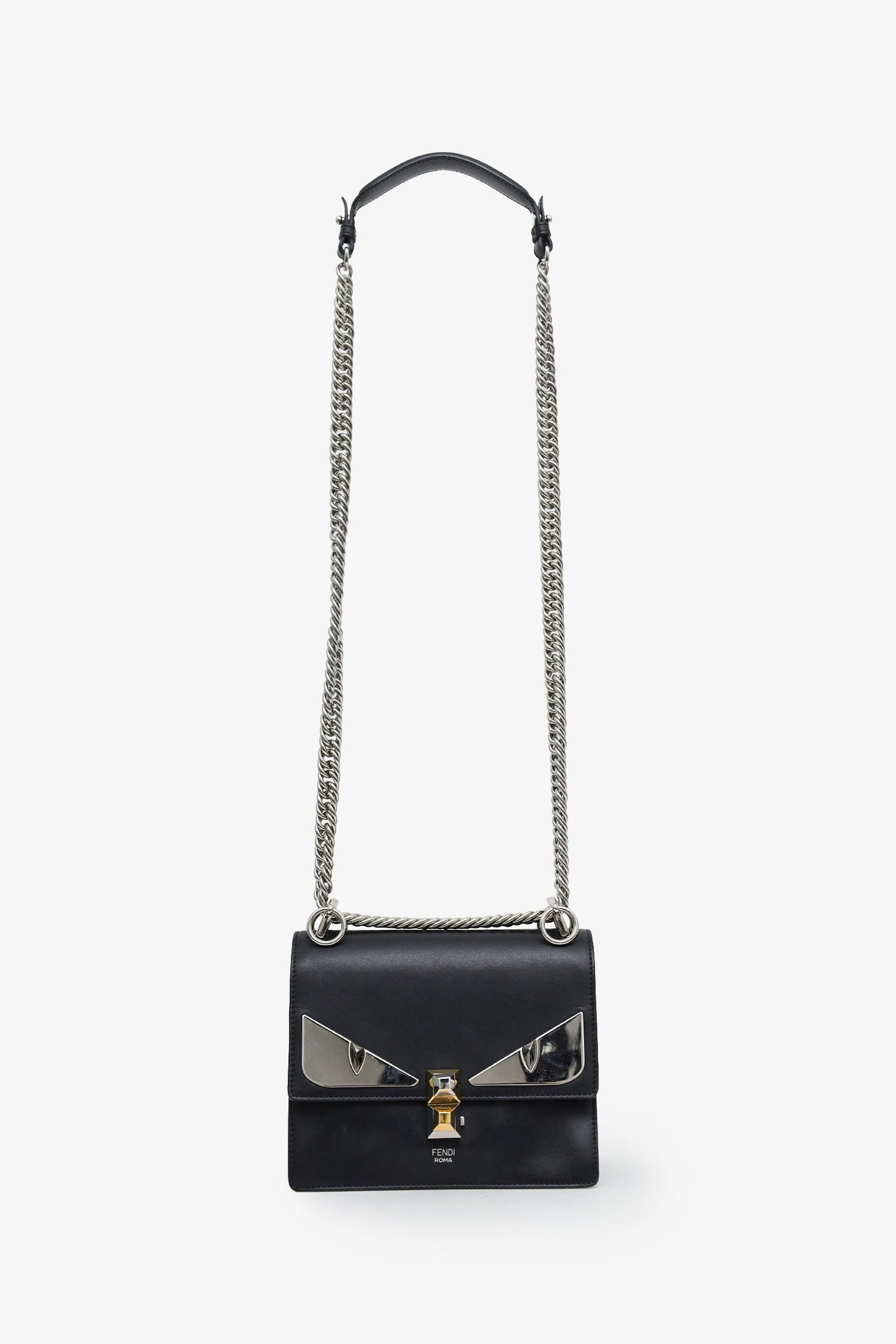 Fendi Black Leather Monster Kan I Shoulder Bag with Fur Handle