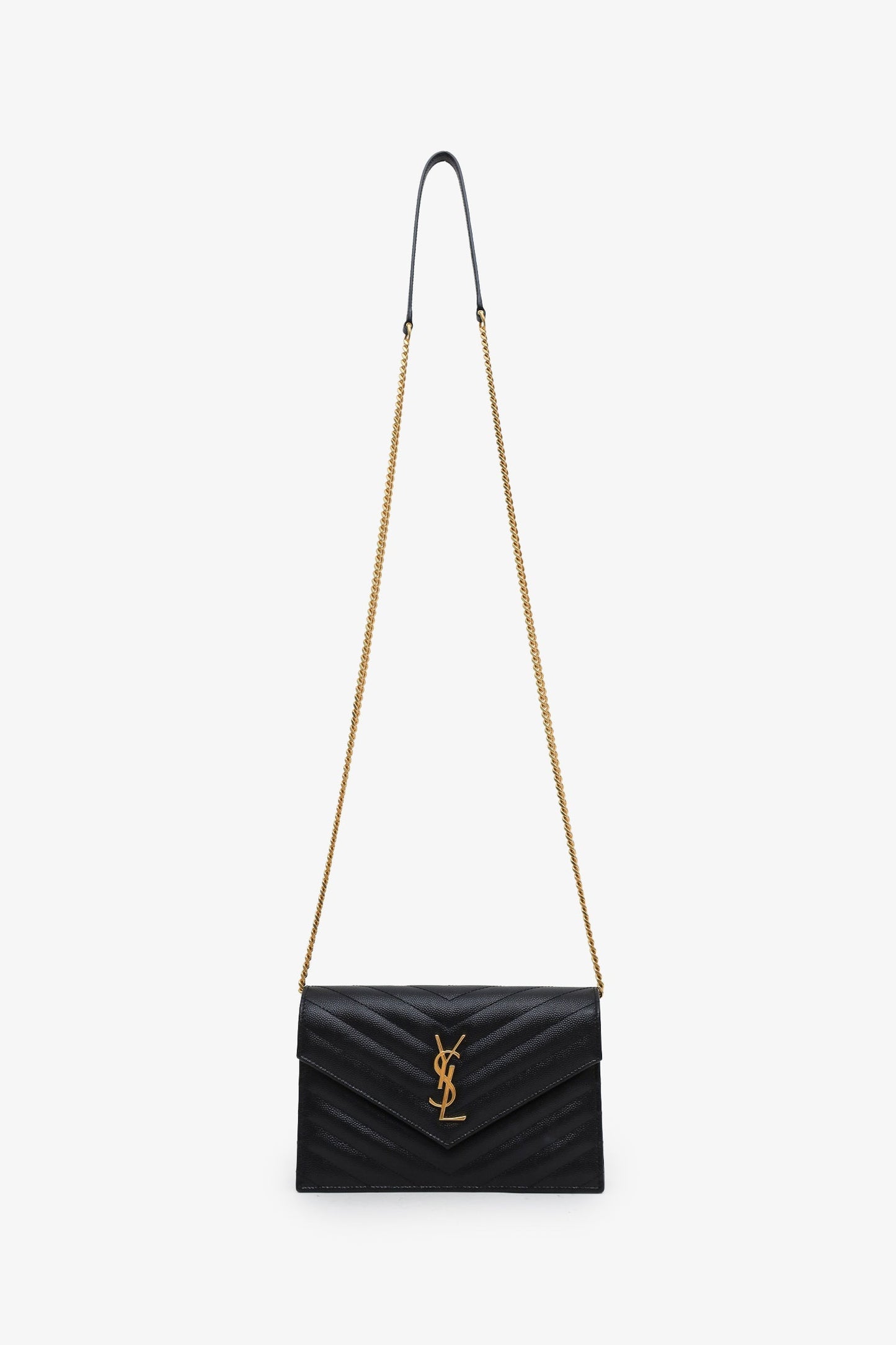 Saint Laurent Black Chevron Leather Small Envelope Wallet On Chain
