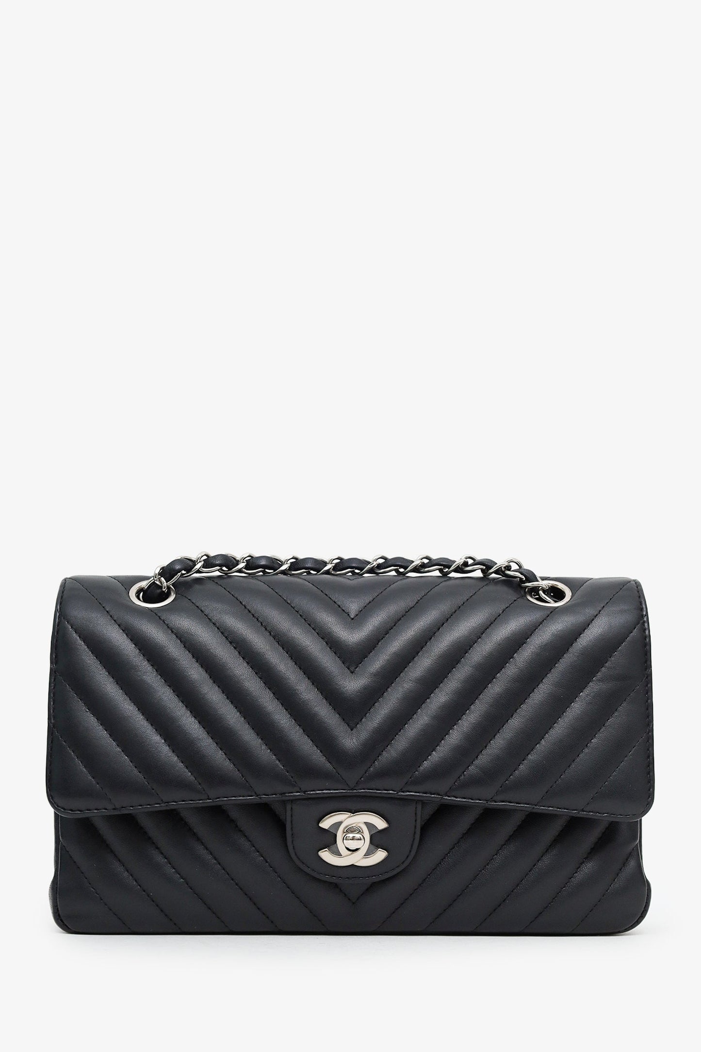 Chanel™ 2016-17 Black Chevron Quilted Medium Double Flap Bag Silver Hardware