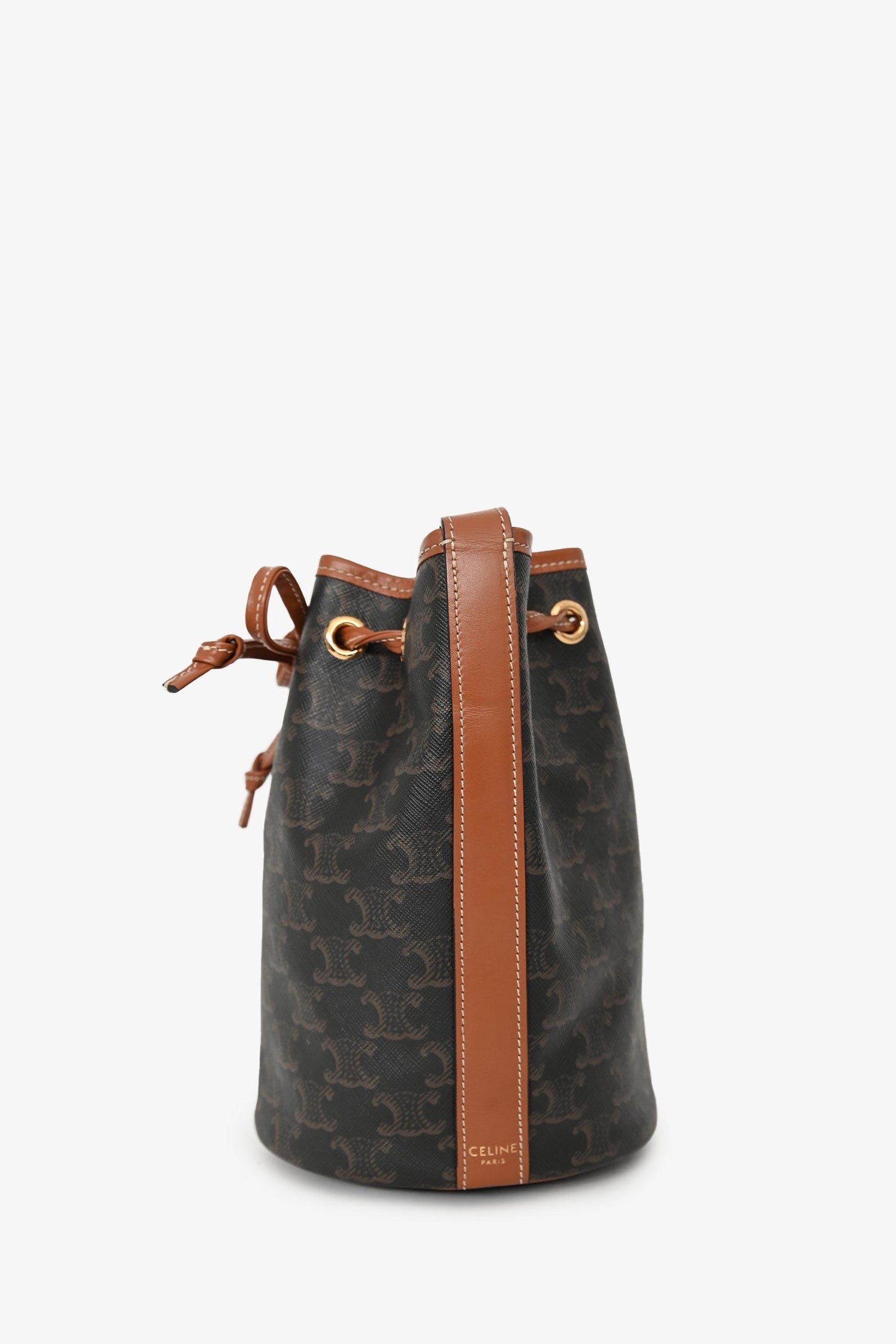 Celine Brown Triomphe Monogram Canvas Small Drawstring Bucket Bag