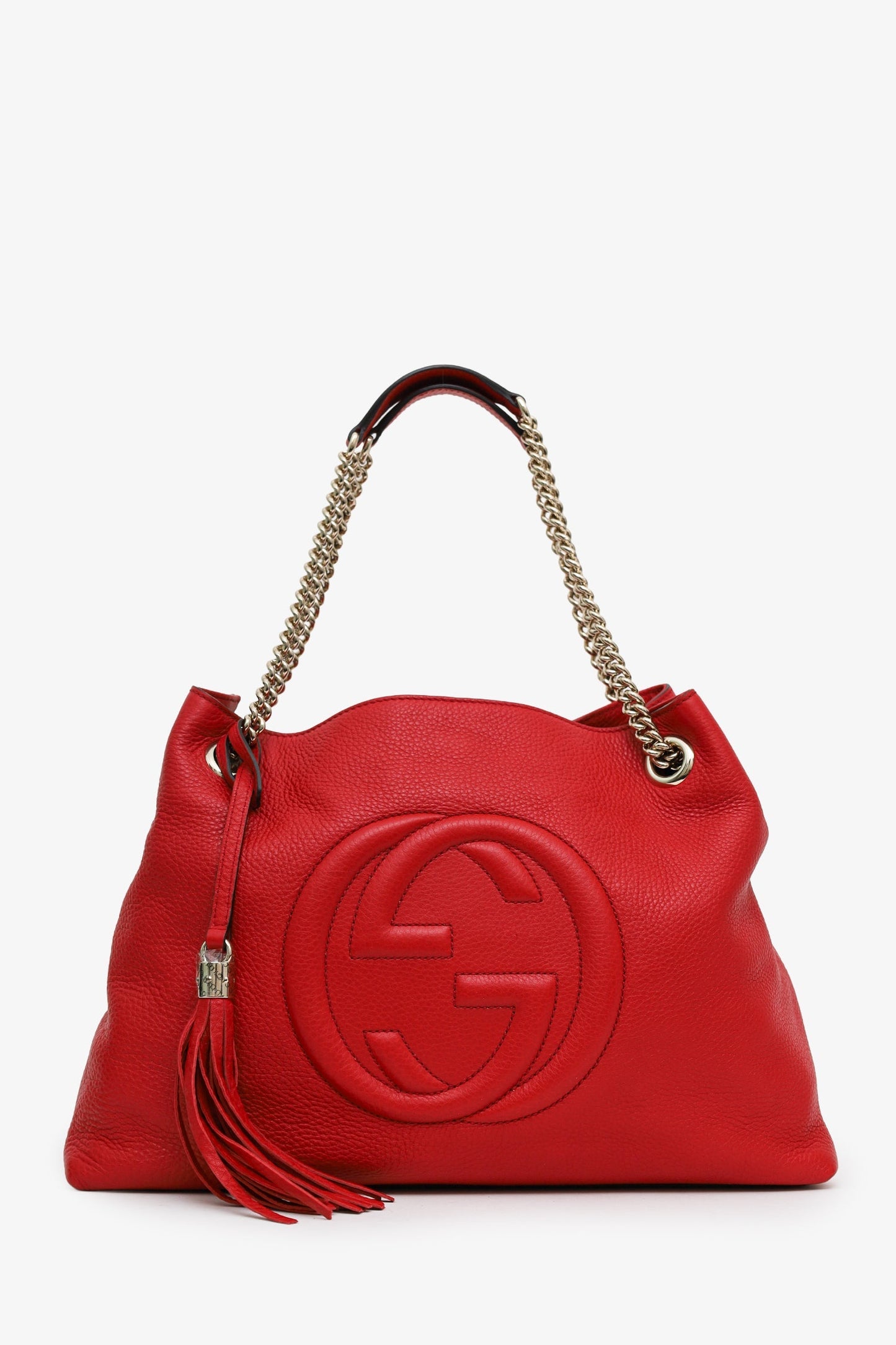 Gucci Red Leather Tassel Soho Chain Tote Bag