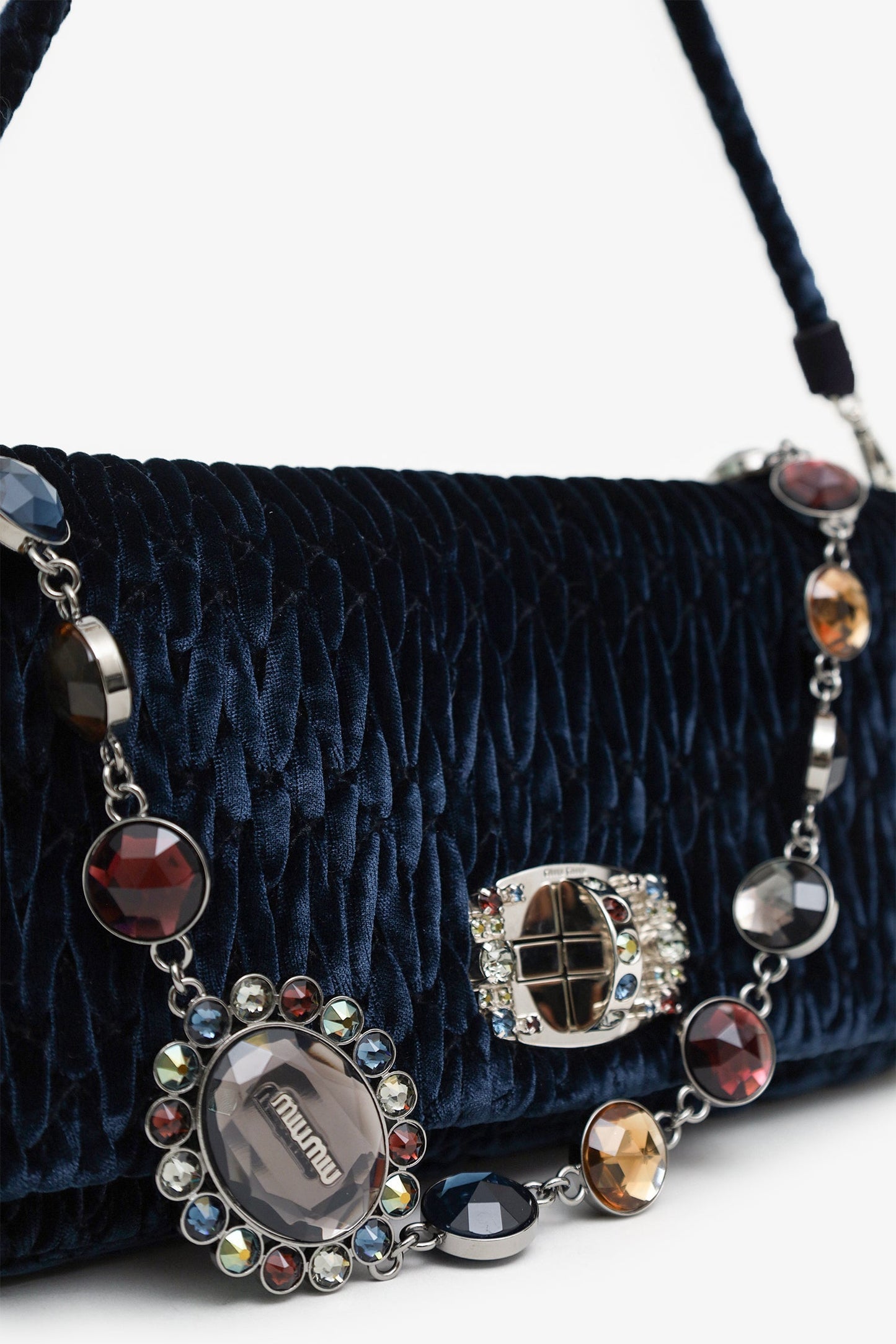 Miu Miu Navy Velvet Matelasse Crystal Flap Shoulder Bag With Strap
