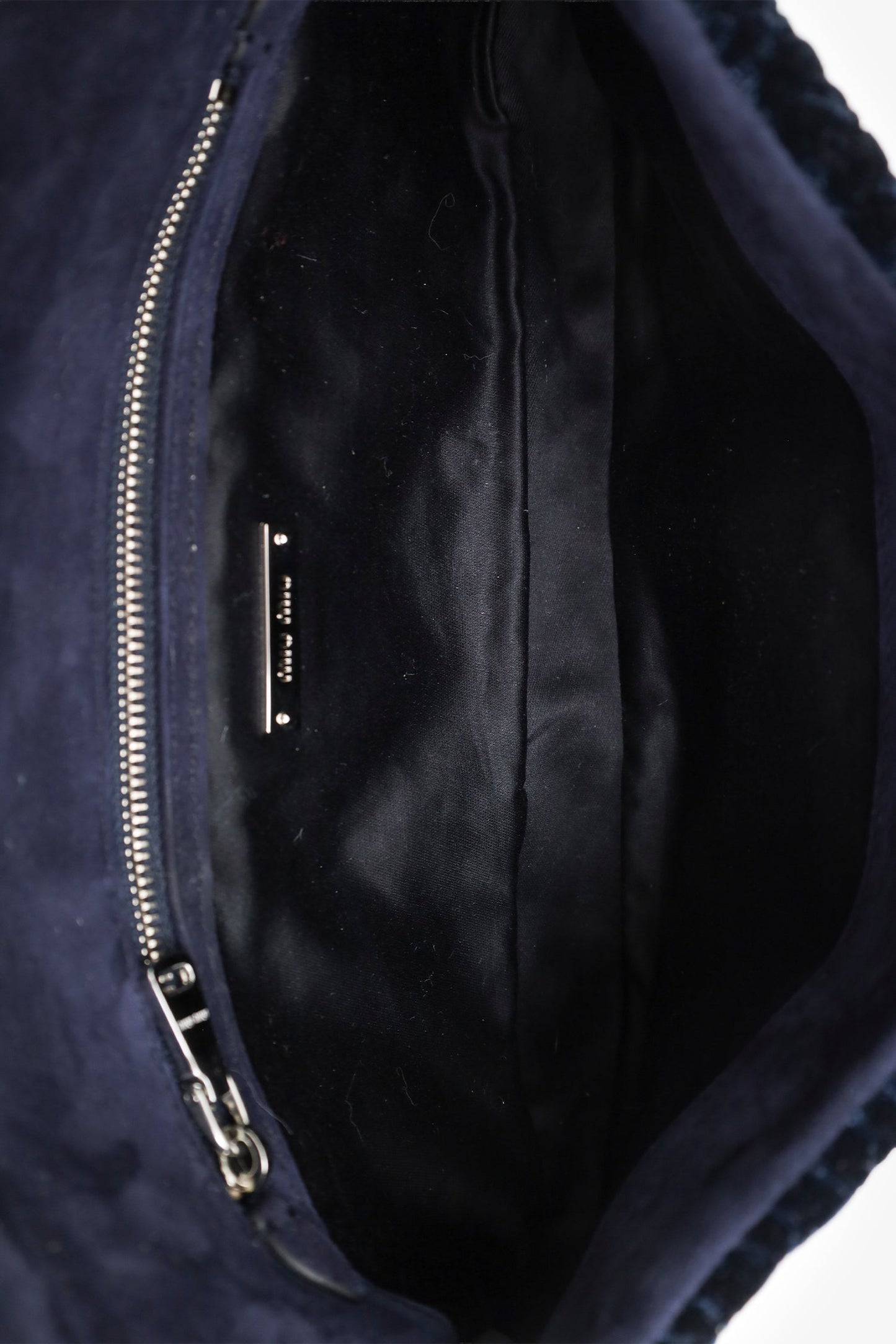 Miu Miu Navy Velvet Matelasse Crystal Flap Shoulder Bag With Strap