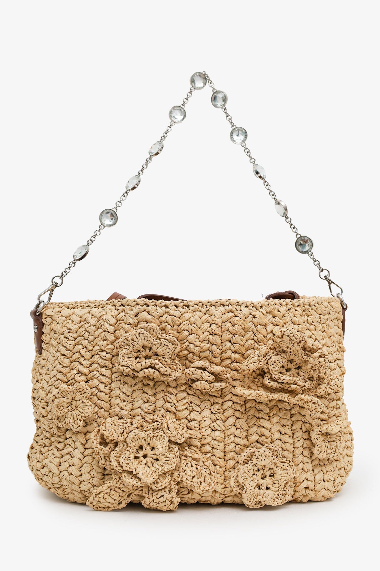 Miu Miu Beige Raffia Floral Tote Bag