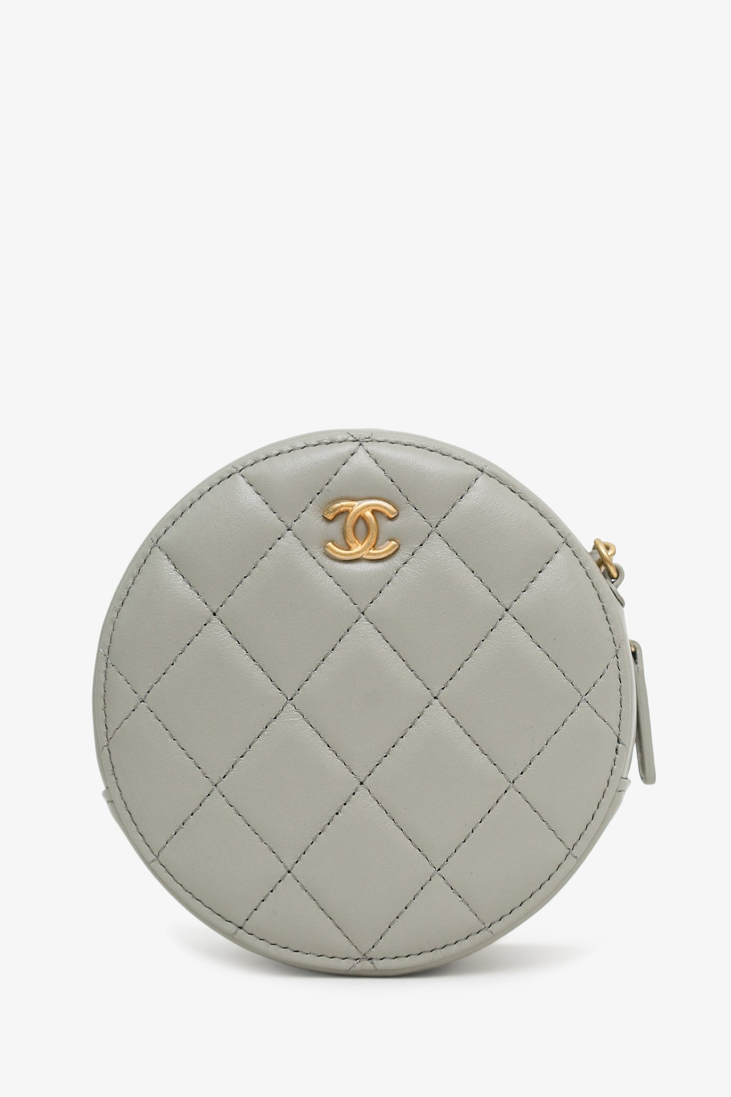 Chanel™ 2021 Grey Quilted Leather Pearl Crush Round Clutch Bag