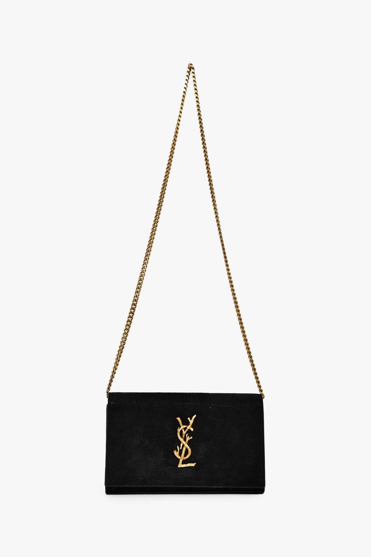 Saint Laurent Black Suede Croc Embossed Cassandre Wallet On Chain Crossbody