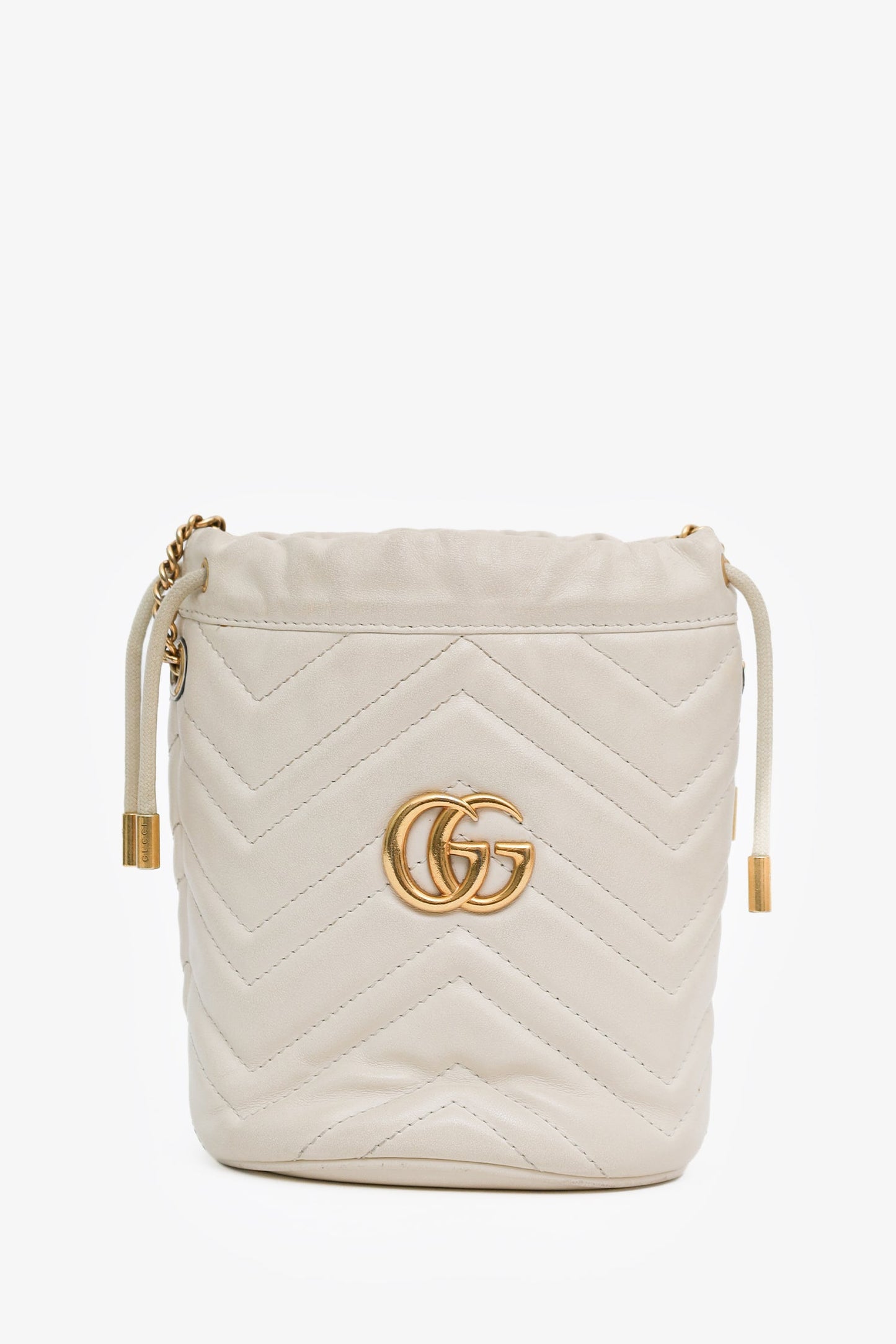 Gucci White Leather Chevron Quilted Mini Marmont Bucket Bag