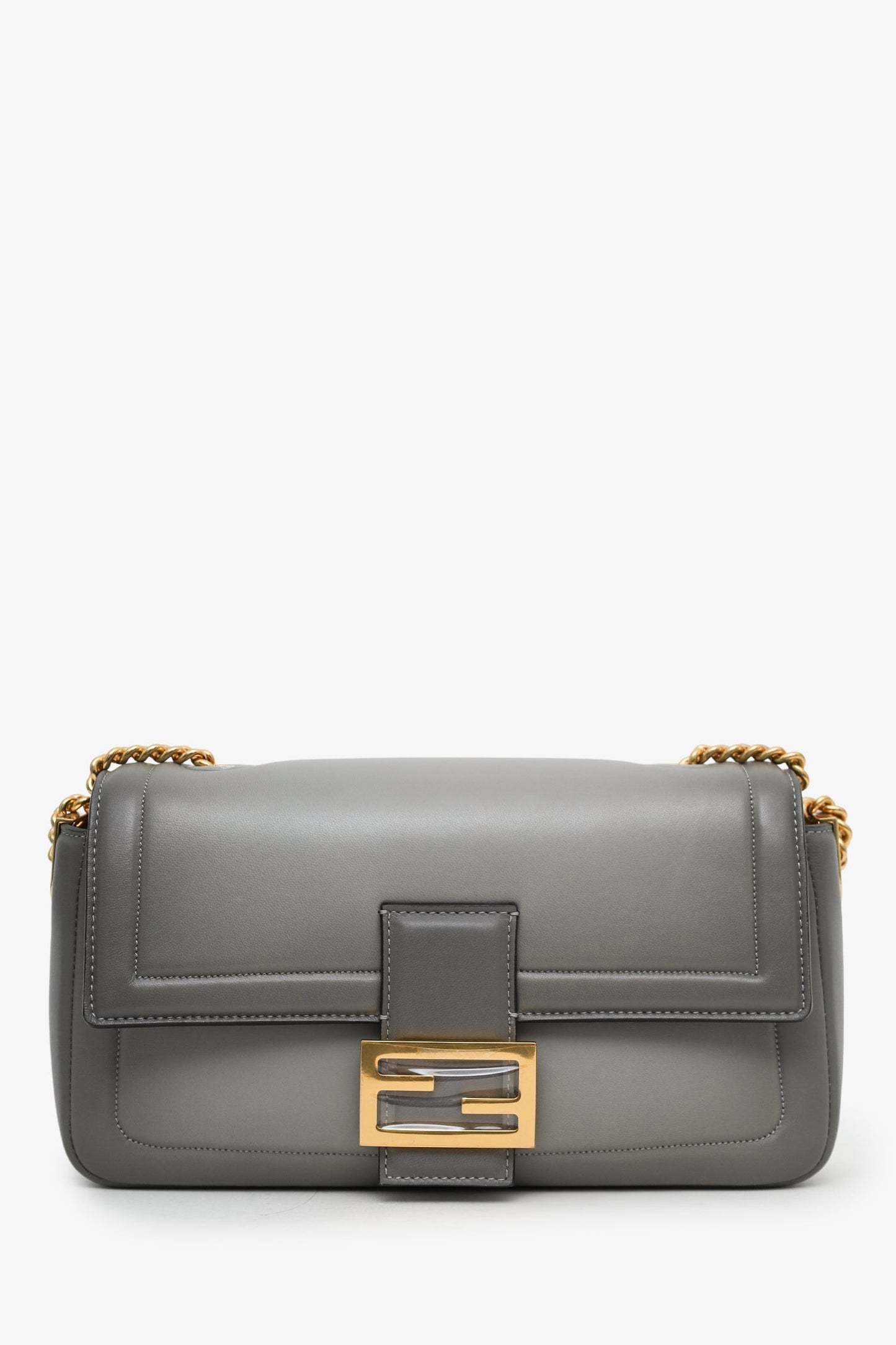 Fendi Grey Leather Baguette Chain Midi Shoulder Bag GHW