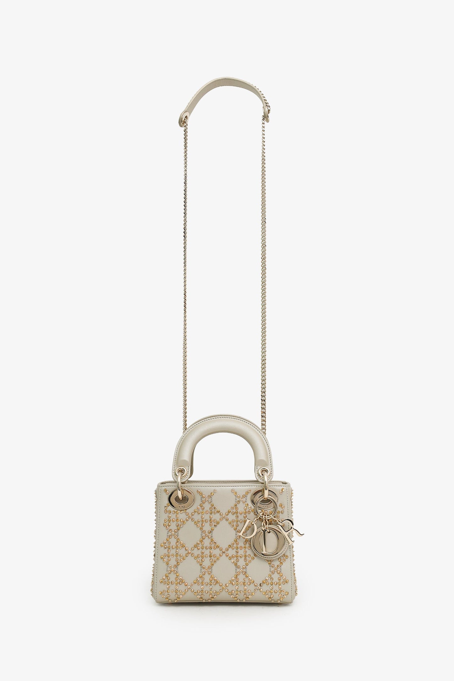 Christian Dior 2023 Platinum Metallic Cannage Lambskin Beaded Embroidery Mini Lady Dior