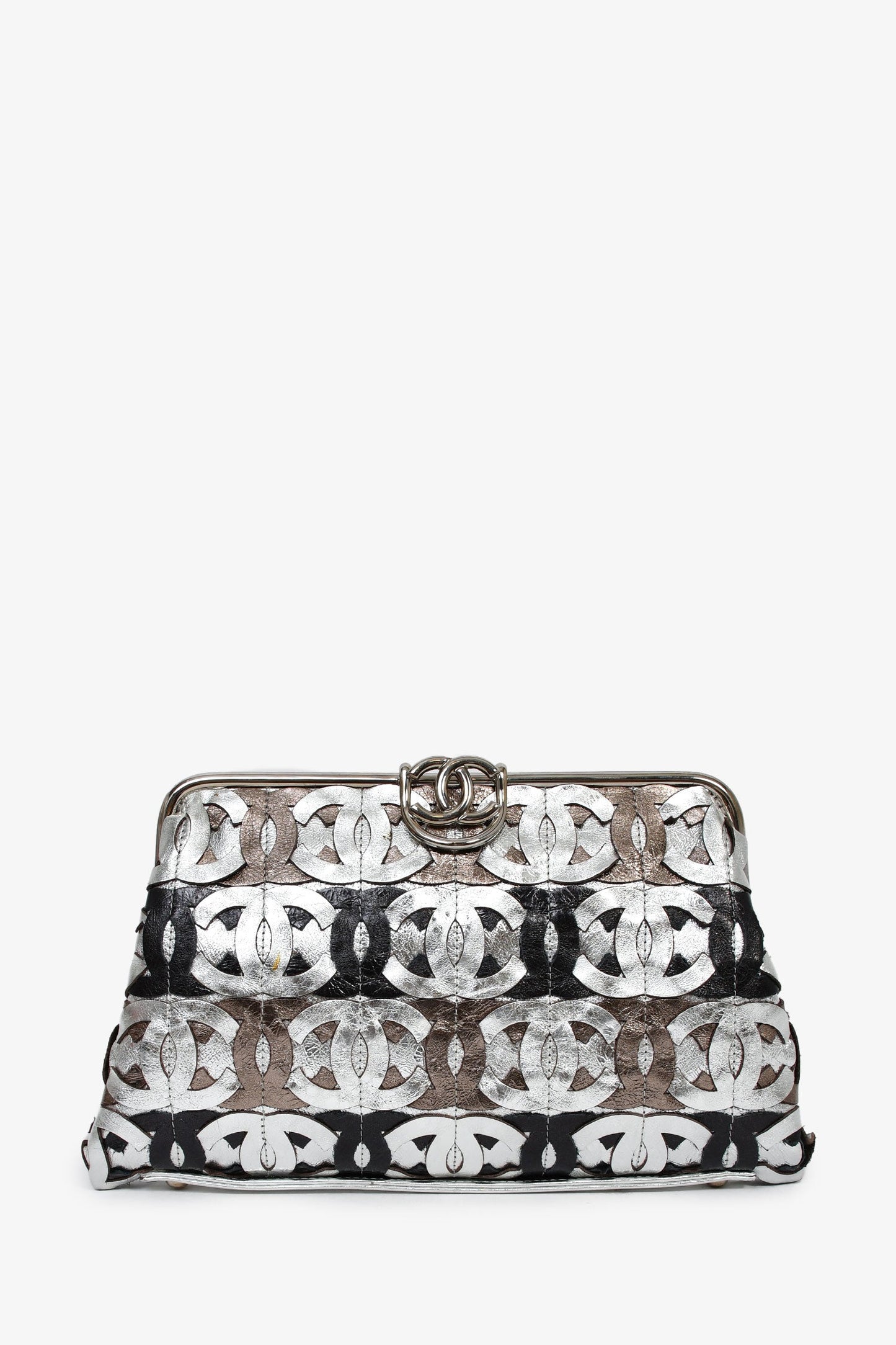 Chanel™ 2008-09 Silver/Black Leather Metallic CC Mixed Frame Clutch