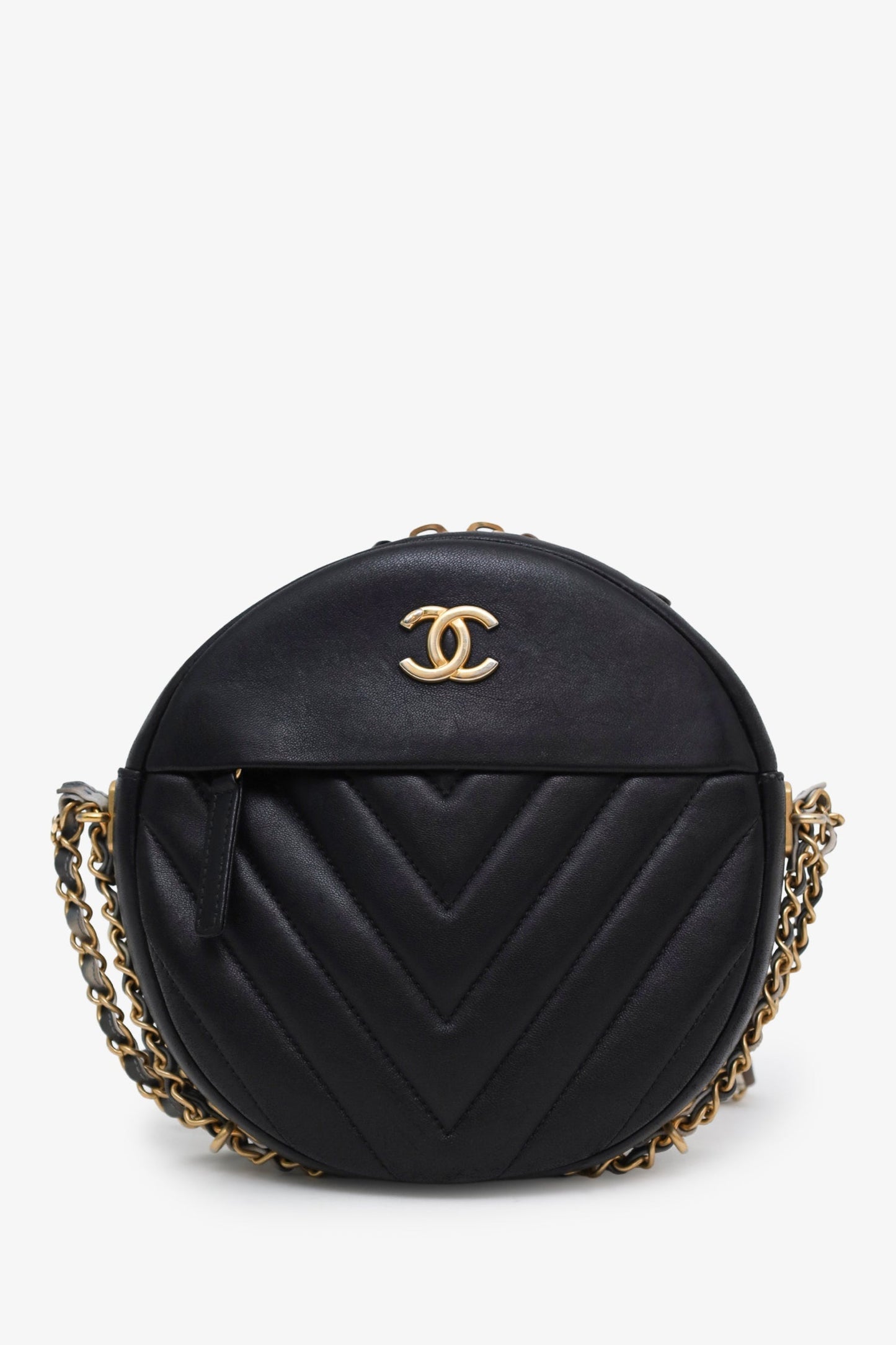 Chanel™ 2018 Black Chevron Leather Round As Earth Crossbody Bag