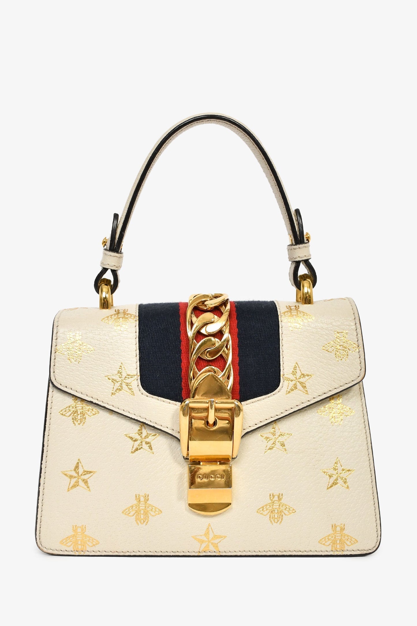 Gucci Cream/Gold Bee Star Print Sylvie Web Bag