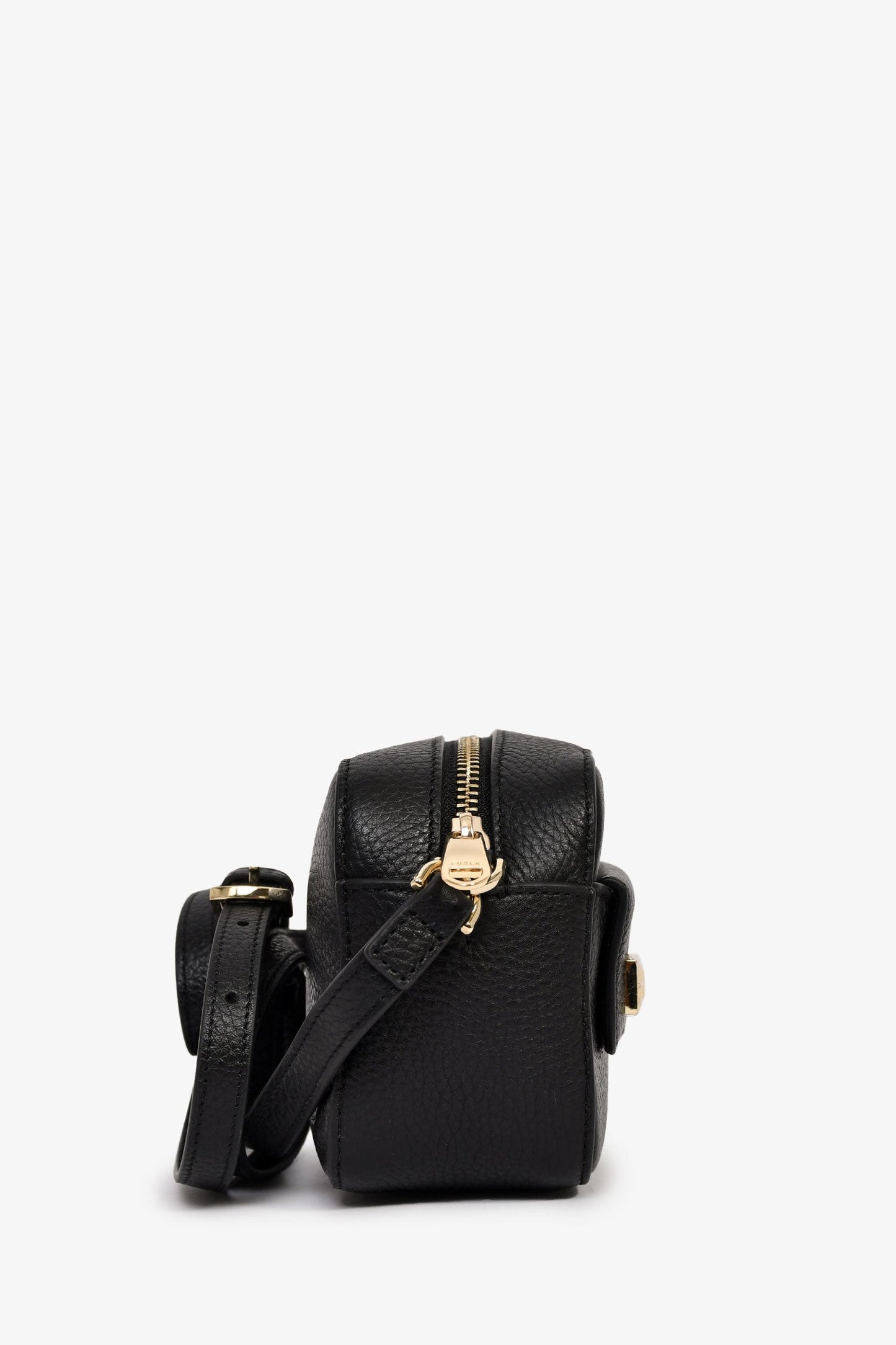 Furla Black Grained Leather Stud Camera Crossbody Bag