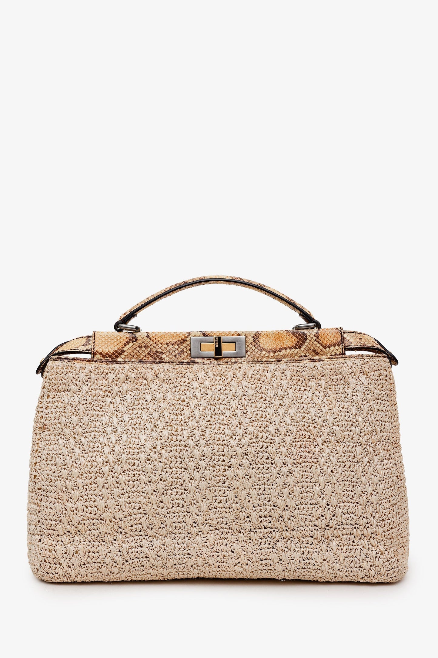 Fendi Beige Raffia and Snakeskin Large Peekaboo Satchel Bag