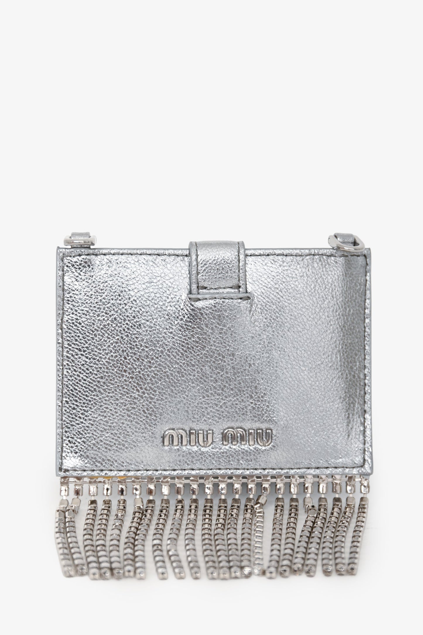 Miu Miu Silver Metallic Leather Crystal Embellished Fringe Card Hold with Chain
