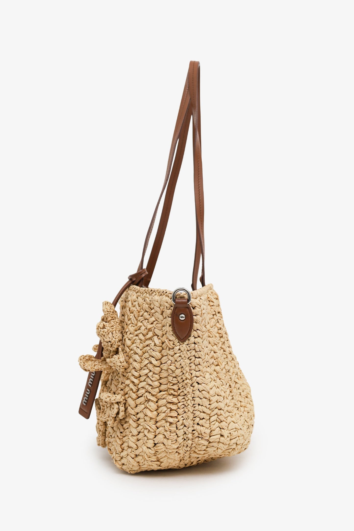 Miu Miu Beige Raffia Floral Tote Bag