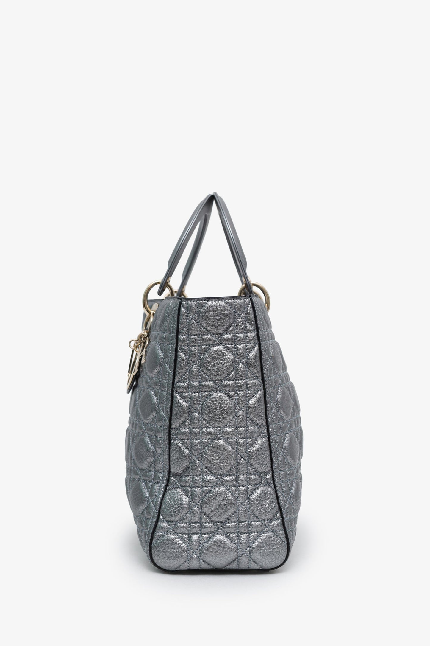 Christian Dior Silver Metallic Leather Large Lady Dior Bag With Strap