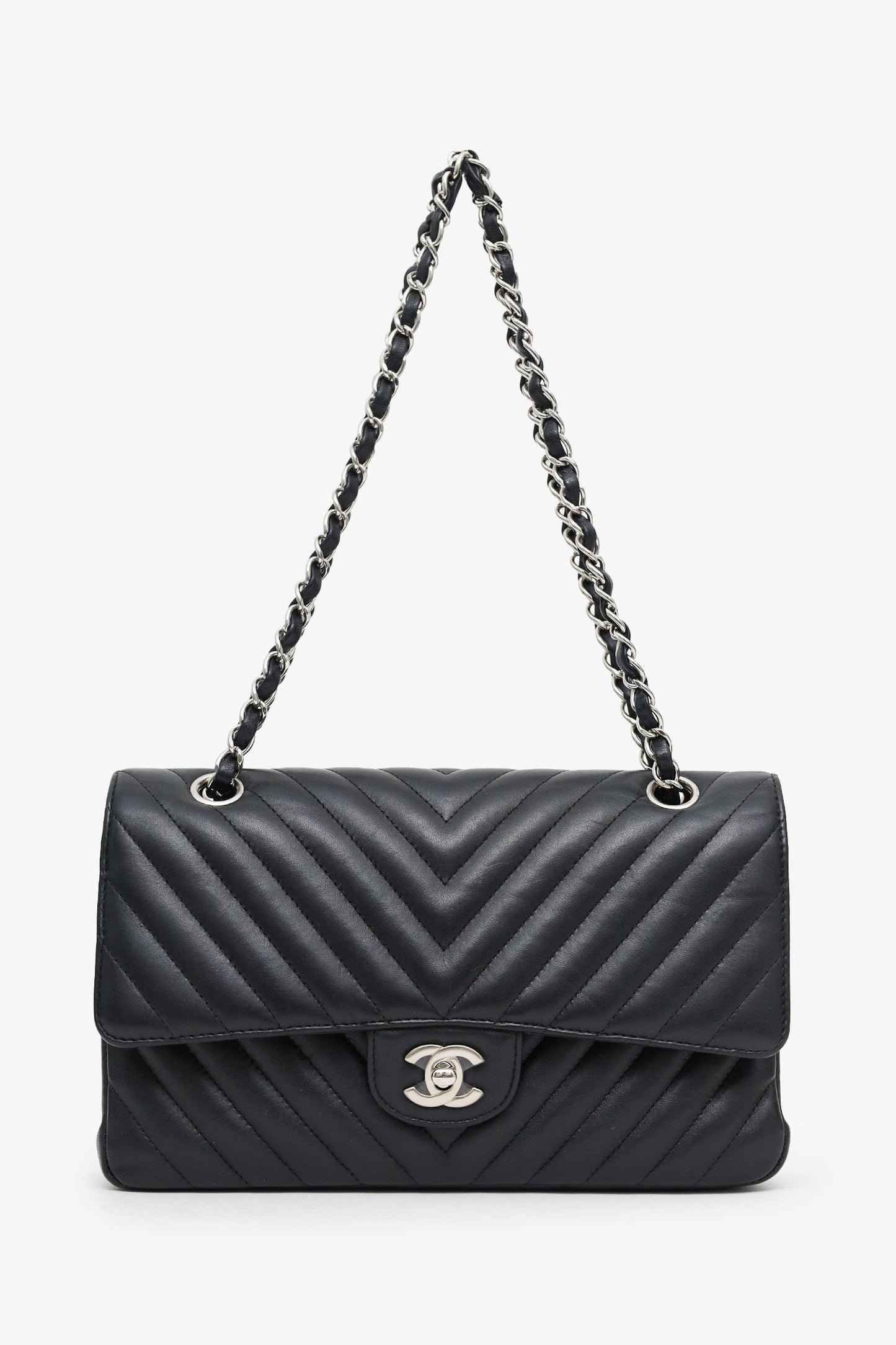 Chanel™ 2016-17 Black Chevron Quilted Medium Double Flap Bag Silver Hardware