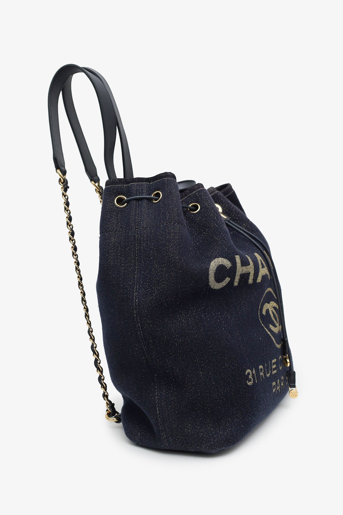 Chanel™ 2019 Blue & Metallic Canvas Deauville Backpack