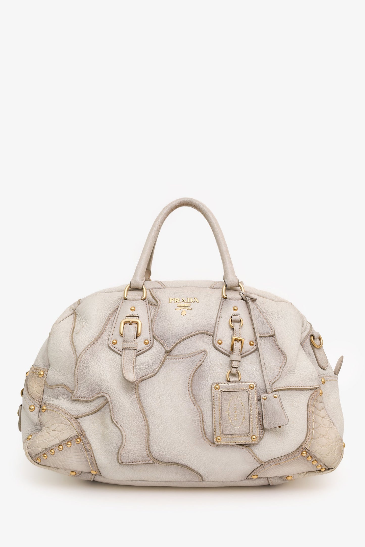 Prada White Ombre Deerskin Leather Croc and Lizard Patchwork Bowler Bag