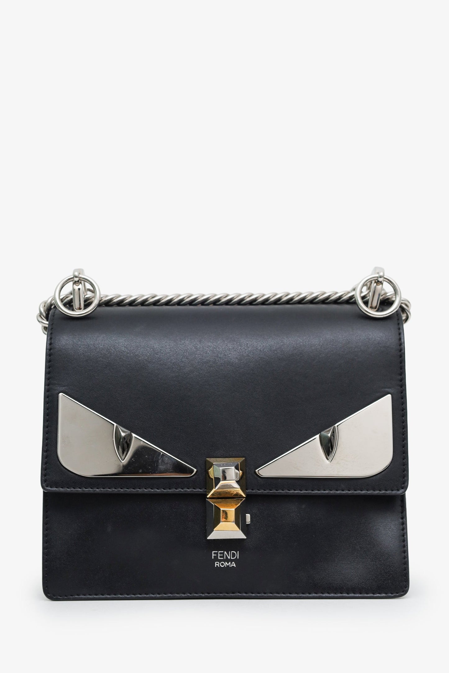 Fendi Black Leather Monster Kan I Shoulder Bag with Fur Handle