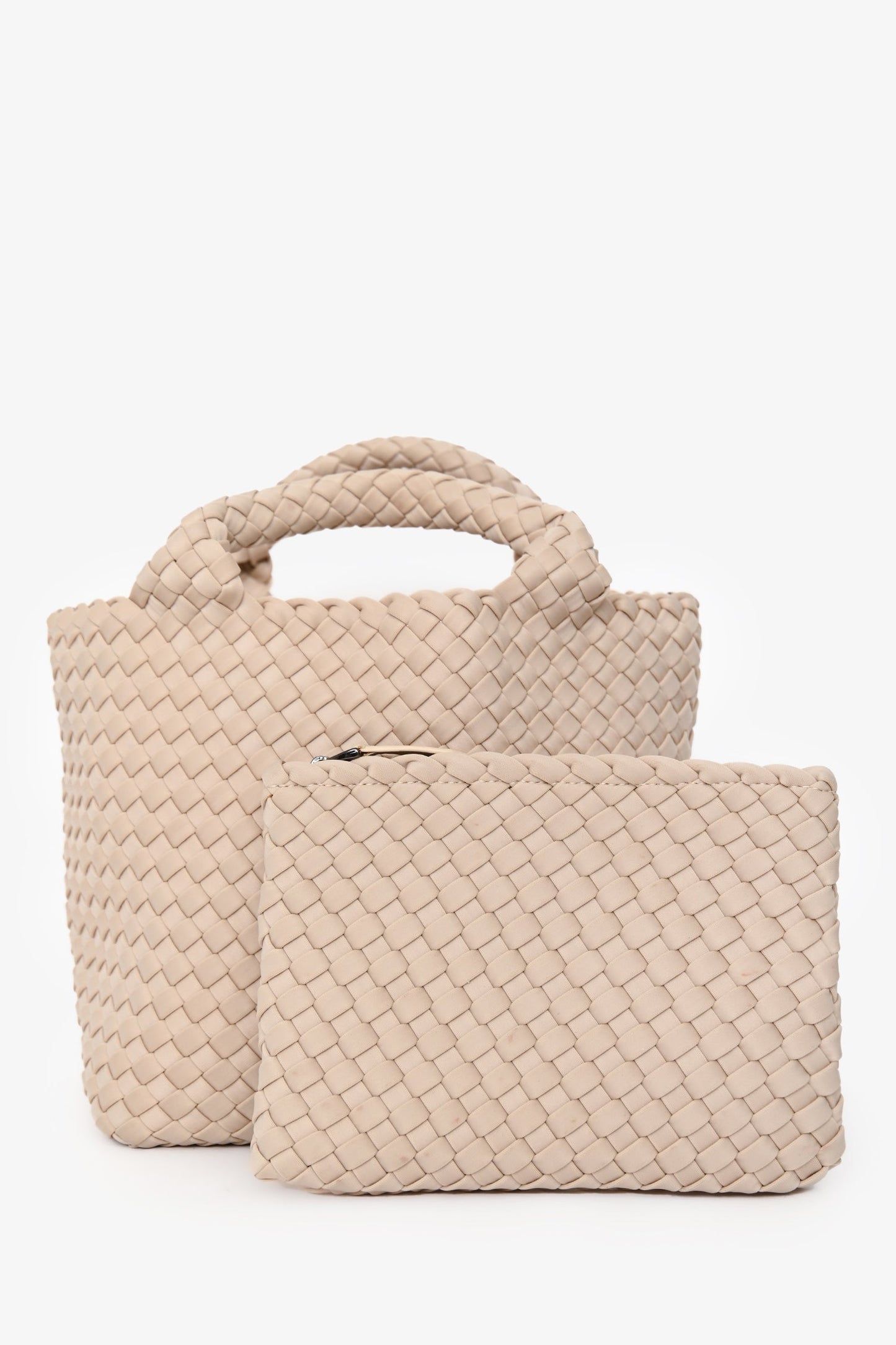 Naghedi Cream Woven Fabric Petite St. Barths Neoprene Tote Bag with Pouch